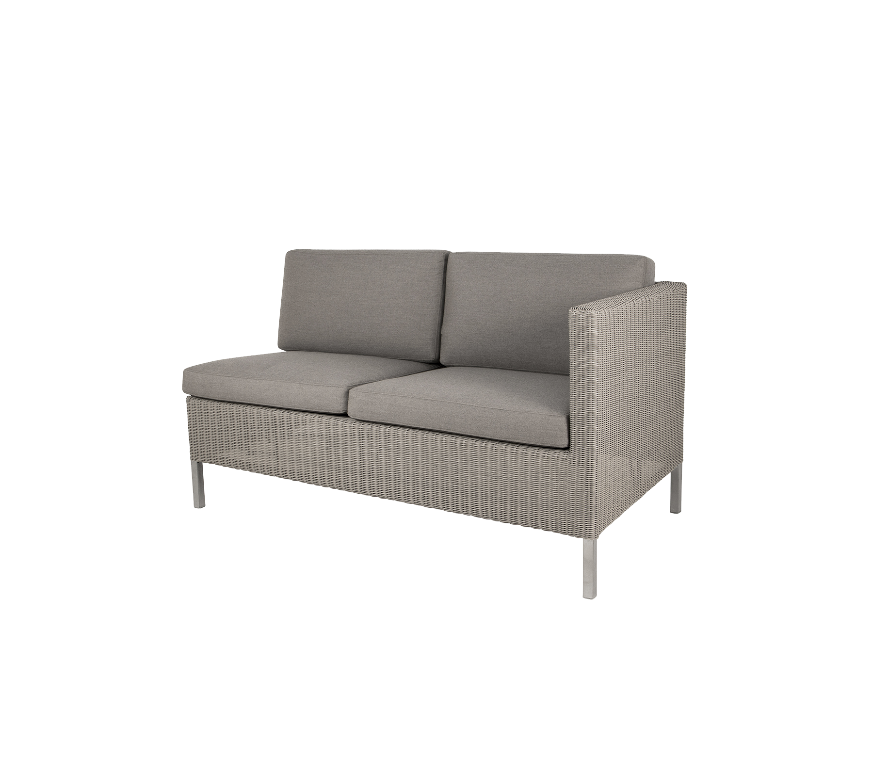 Gray two-seater sofa with woven design and sleek legs, featuring comfortable cushions for relaxation and style.