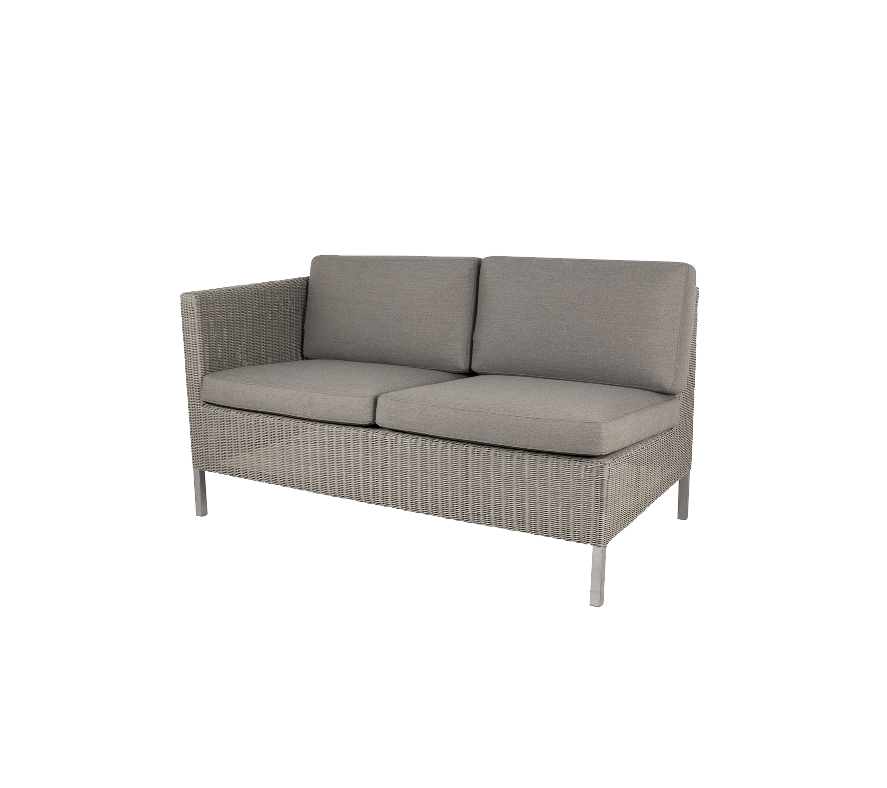 Comfortable two-seater sofa with light gray cushions and a woven design, perfect for stylish relaxation.