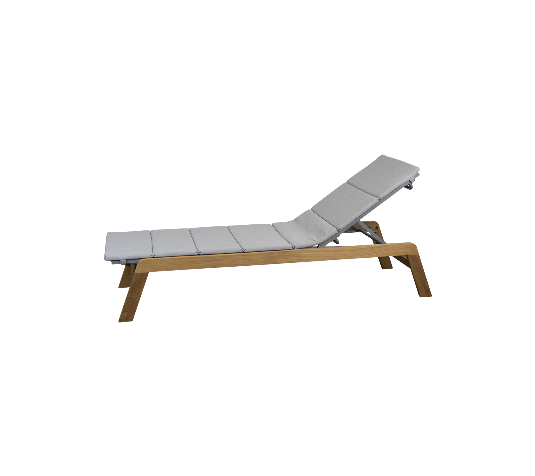 Adjustable lounge chair with a padded gray cushion and a wooden frame, designed for relaxation and comfort.