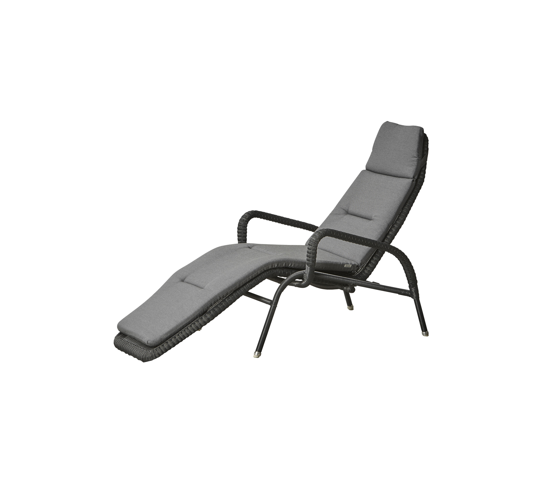 A sleek, modern reclining chair with a curved design and cushioned seat in a neutral gray color, featuring sturdy arms and legs.
