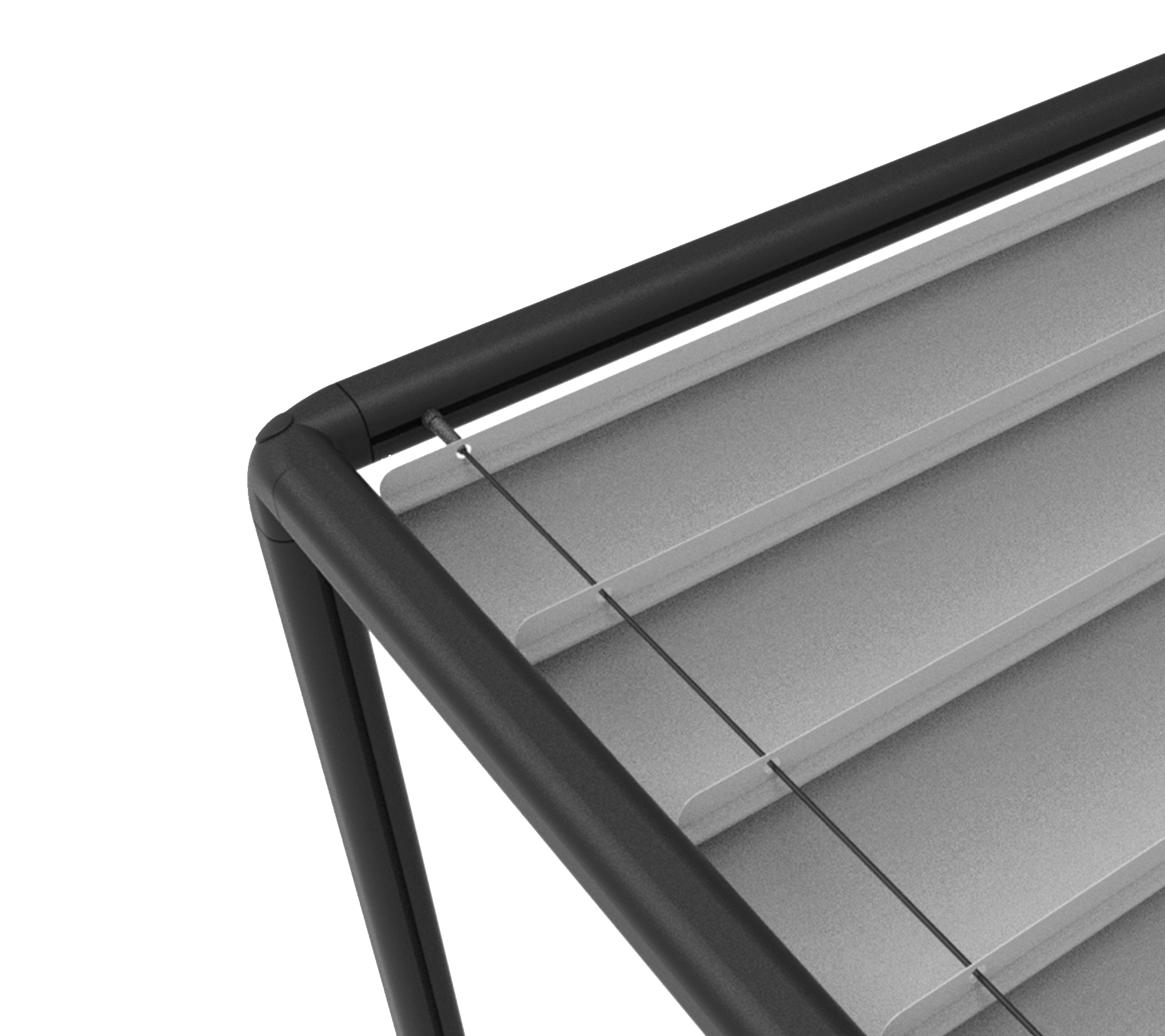 Close-up of a slatted structure with a sleek black frame and metallic slats, designed for shading and light control.