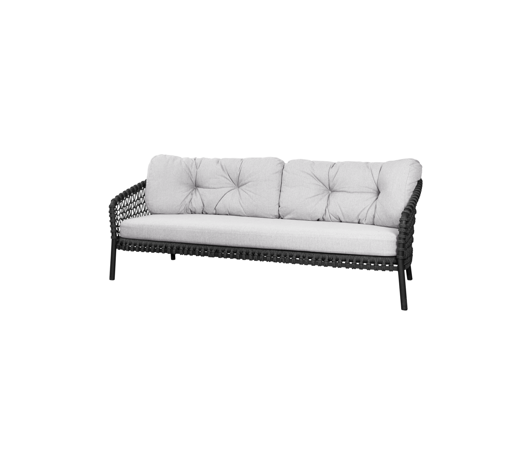 Stylish sofa with a woven frame and plush, tufted cushions in a neutral color, perfect for comfortable seating.