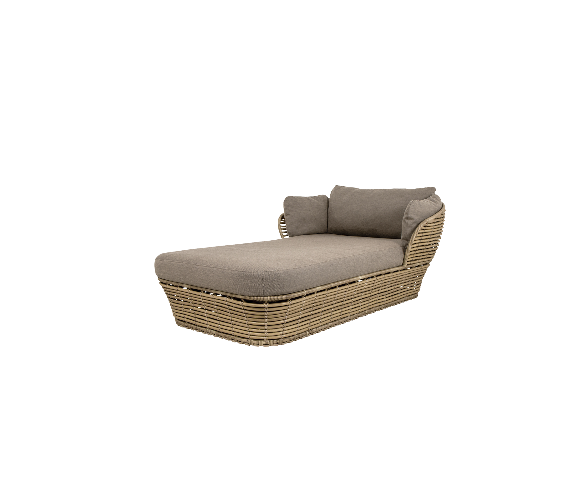 Stylish outdoor chaise lounge with a beige cushion and woven wicker base, ideal for relaxing in gardens or patios.