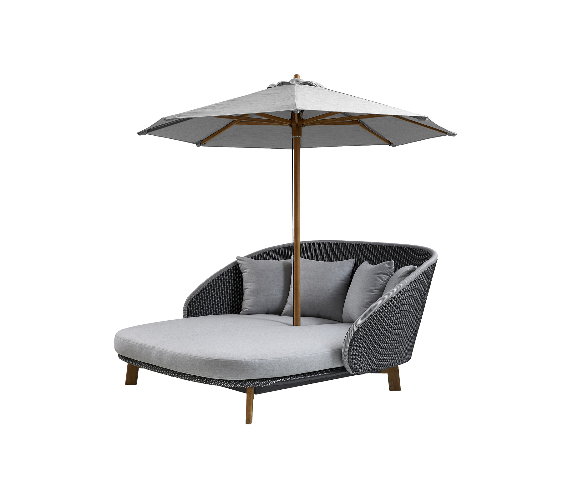 Stylish outdoor lounge chair with a cushioned seat, three decorative pillows, and a large umbrella for shade. Perfect for relaxation.