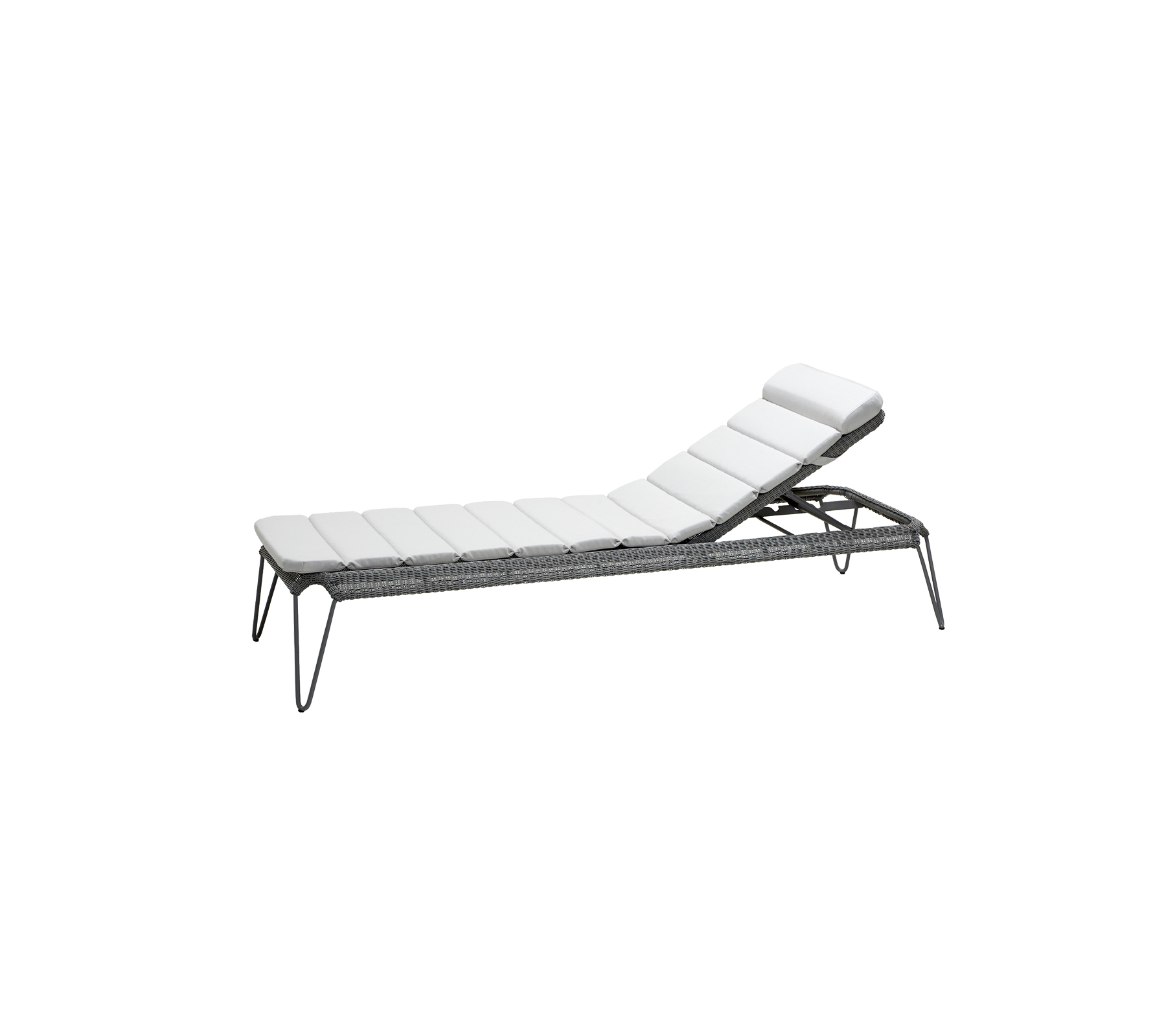 Lightweight, adjustable lounge chair with a sleek design and comfortable white cushions, perfect for relaxation and sunbathing.