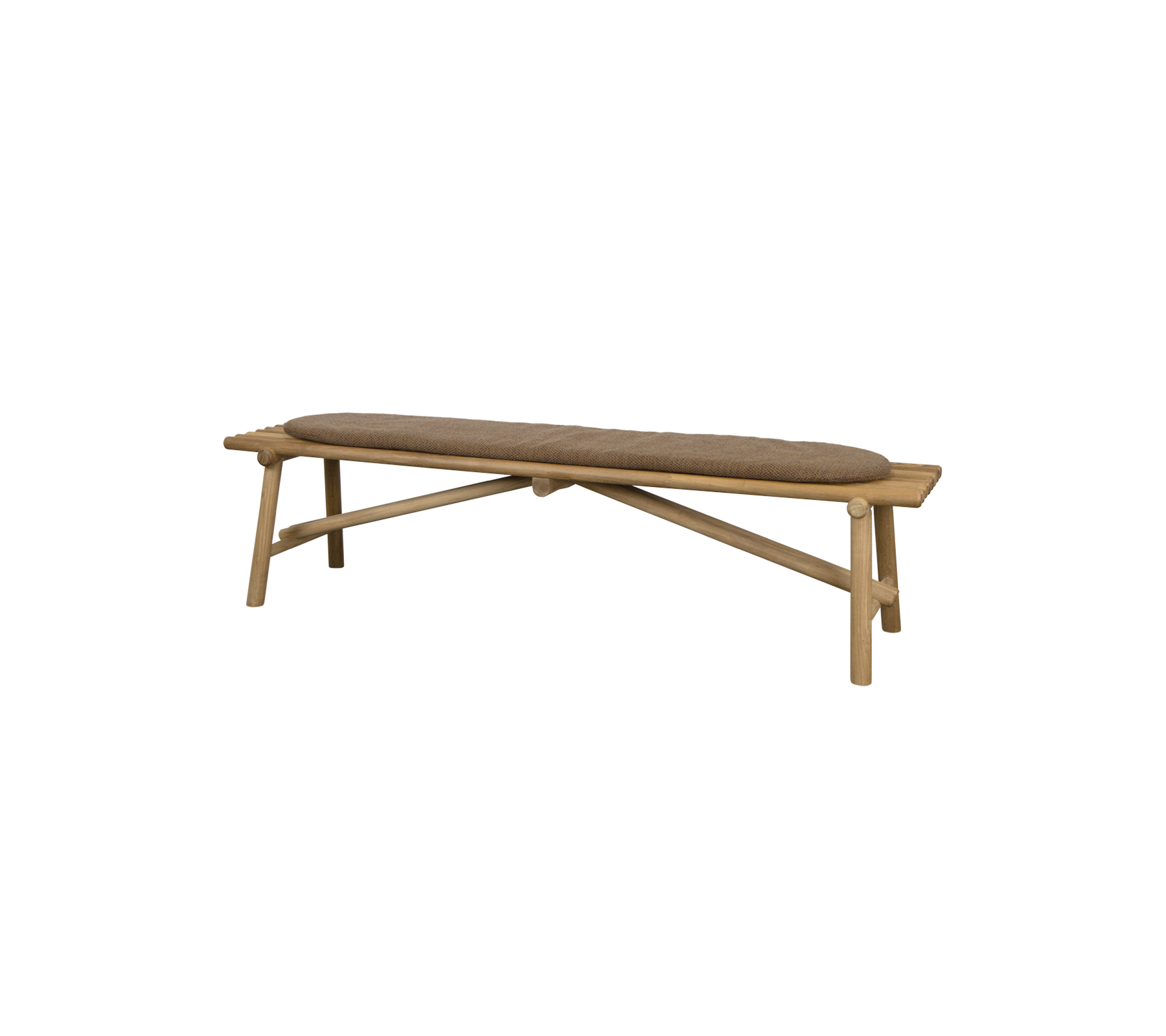 Wooden bench with a curved seat and crossed leg design, offering a stylish and minimalist seating solution.