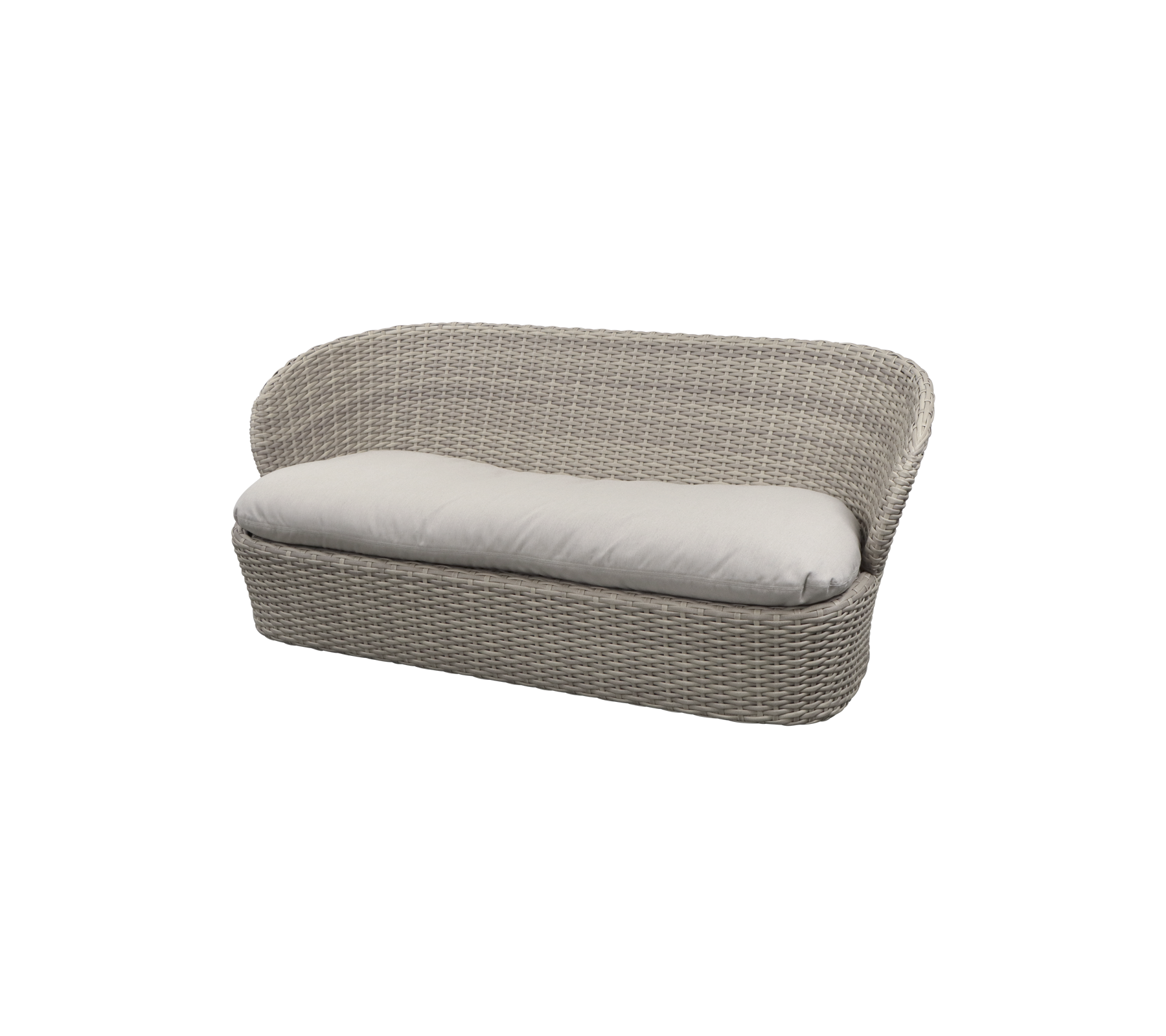 Woven two-seater sofa with a soft cushion, featuring a modern design and neutral color. Ideal for relaxation and comfort.