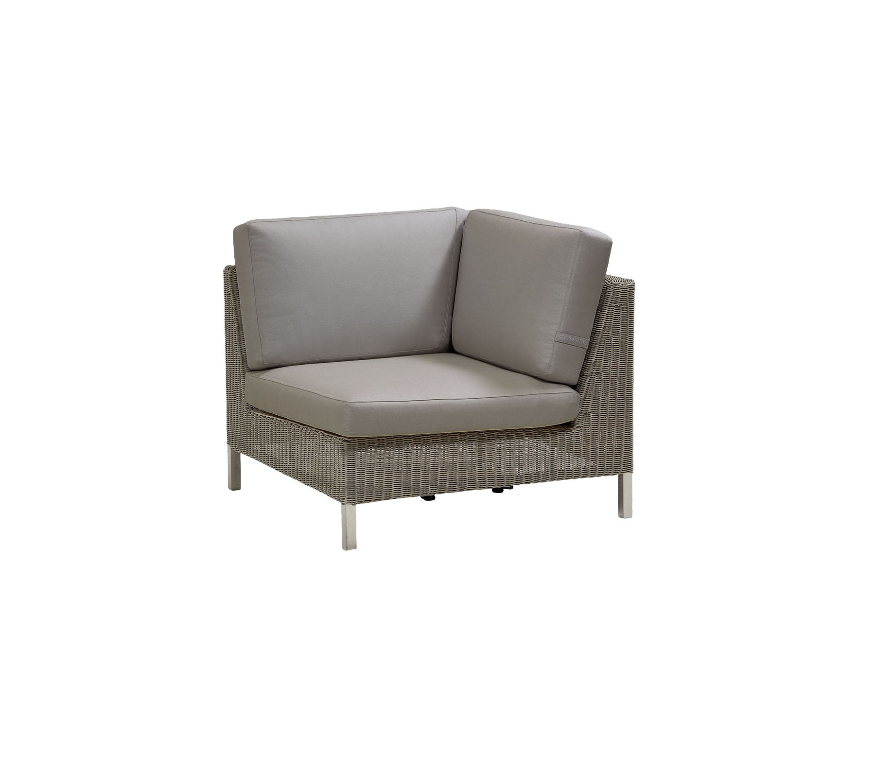 Stylish corner seating unit with a woven frame and plush cushions in neutral tones, perfect for modern decor.