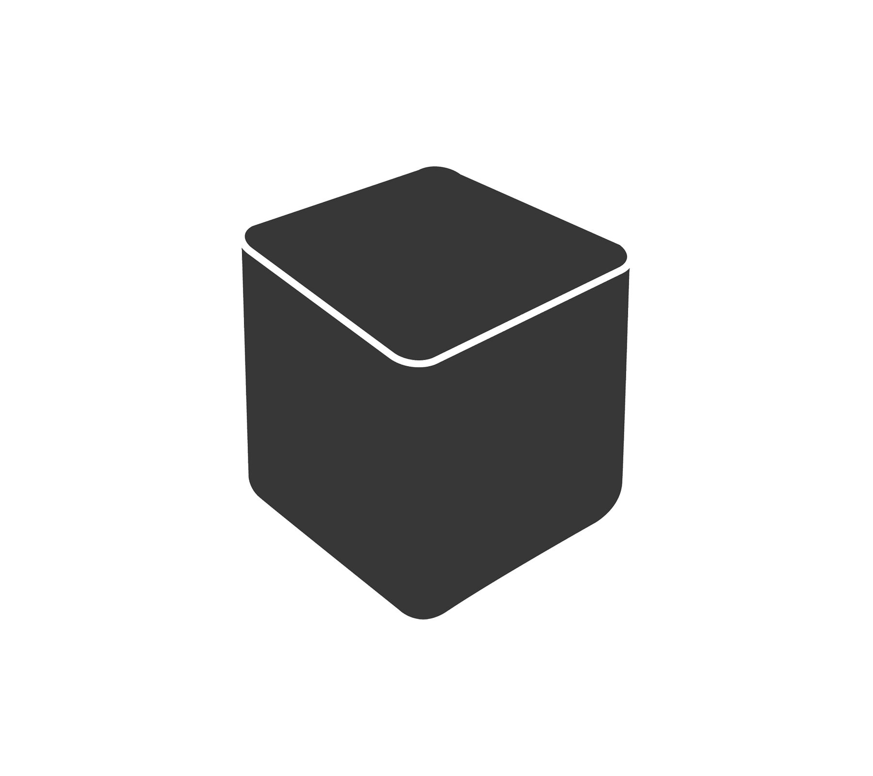 A simple, dark-colored cube with rounded edges and a smooth surface, featuring a slightly raised top.