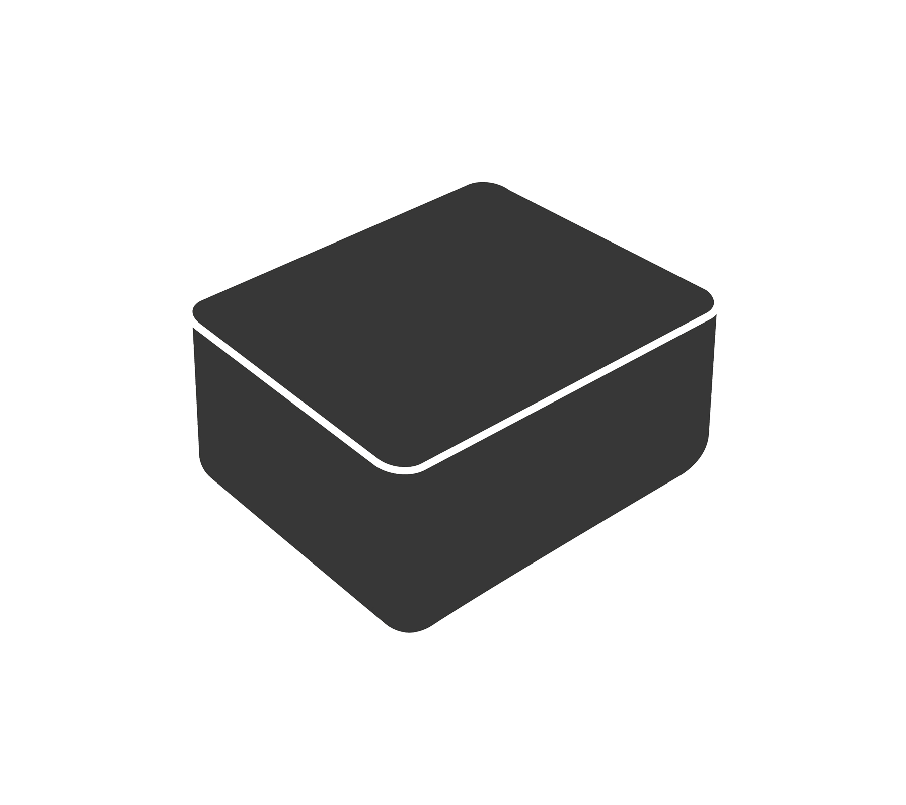 A simple, dark rectangular box with rounded edges, featuring a flat top and slightly raised base.