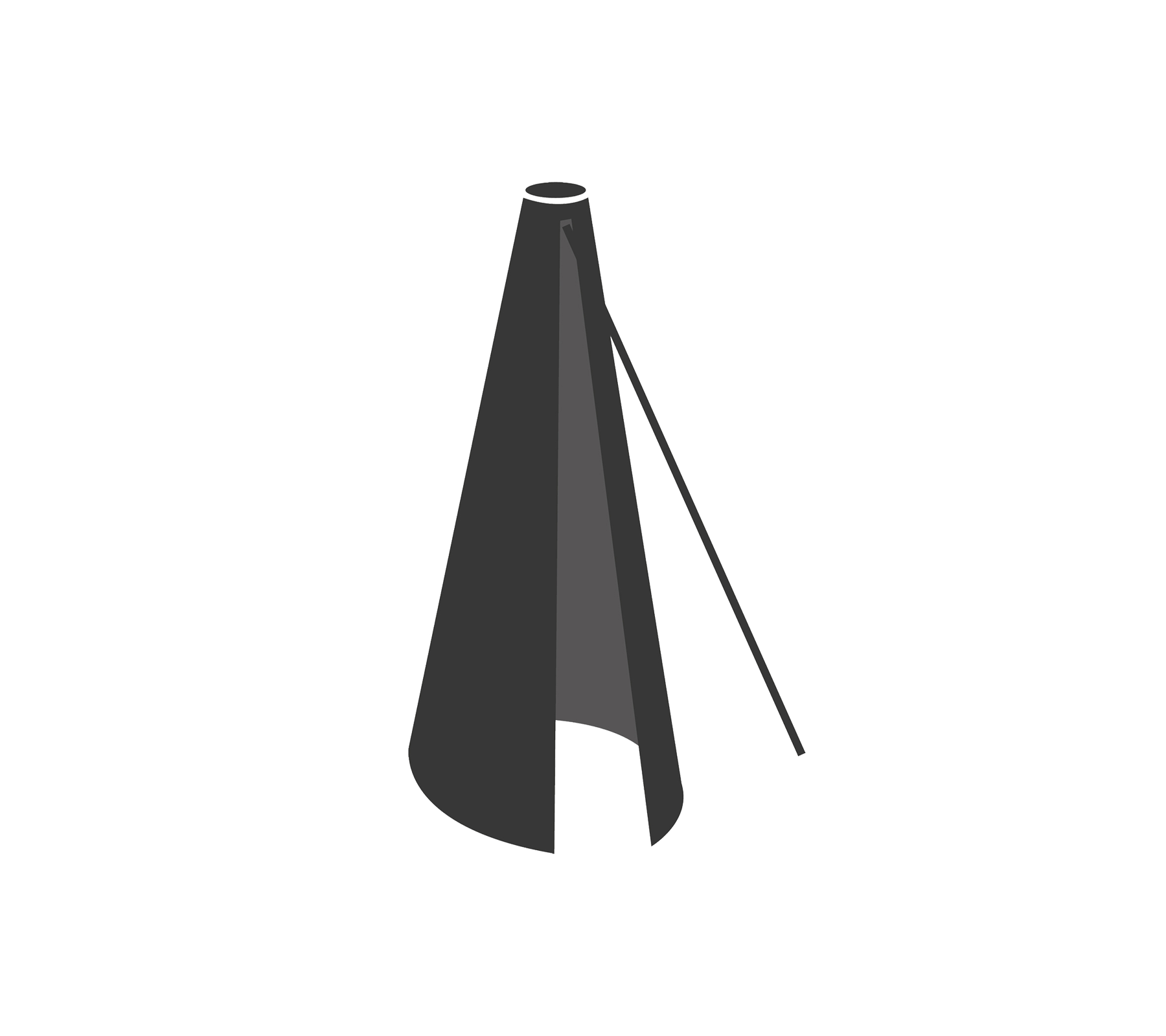 Stylized cone-shaped object with a tapered top and a side opening, supported by a thin rod.