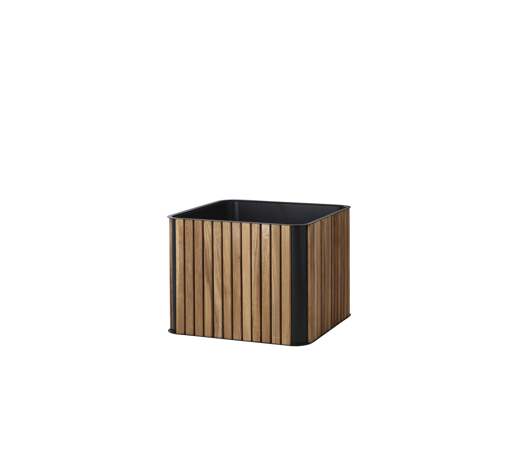 Square planter with a wooden slatted design and a black base, ideal for displaying plants and enhancing any space.