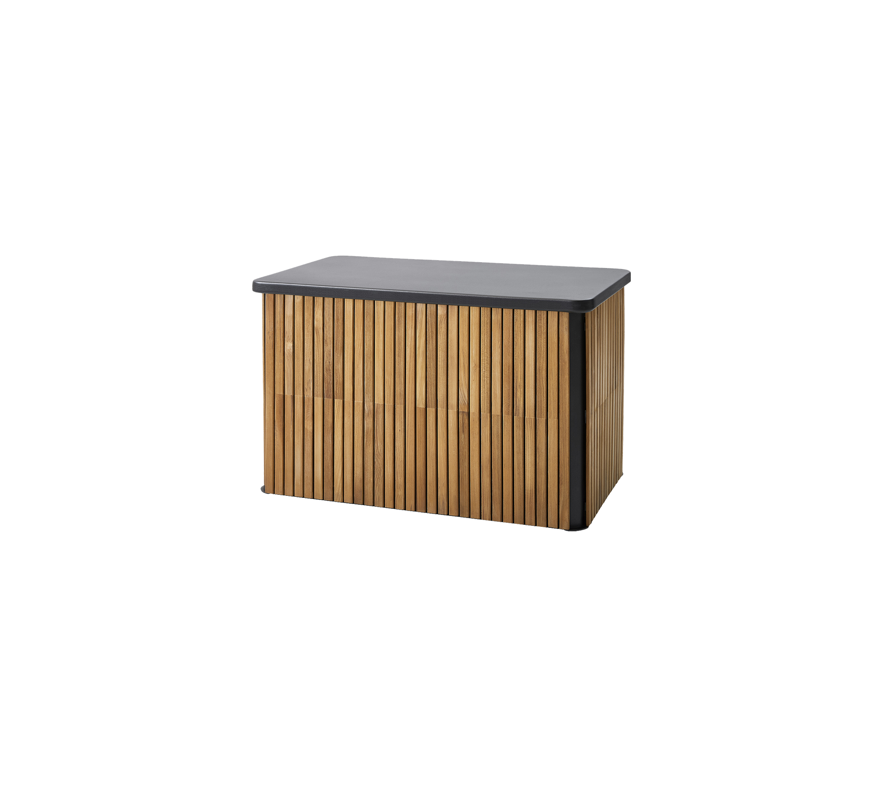 Wooden storage box with a slatted design and a smooth dark top, ideal for organization and style.