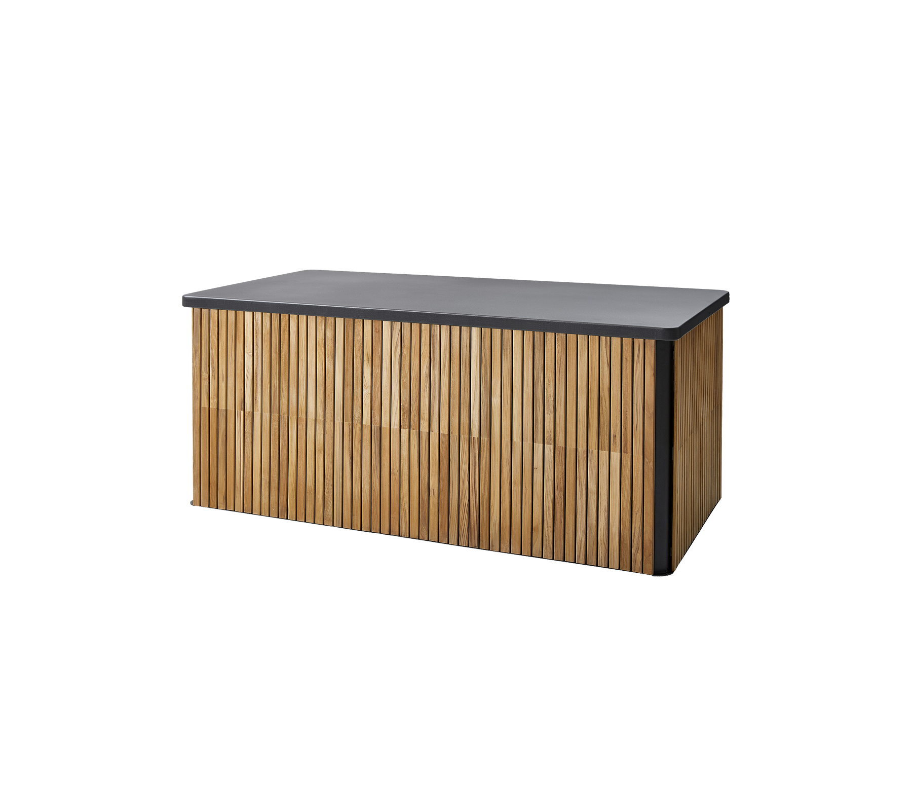 Stylish storage bench featuring a sleek dark top and a vertical slatted wood design for a modern aesthetic. Ideal for versatile use.