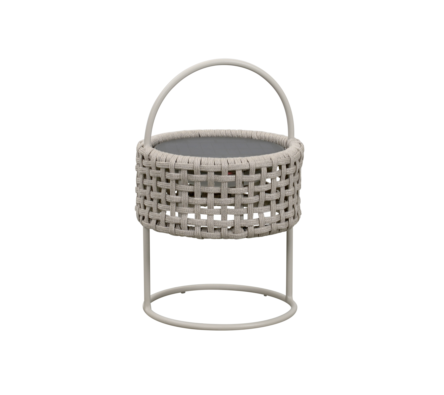 Woven round basket with a handle, resting on a minimal metal stand, perfect for storage or decorative use.