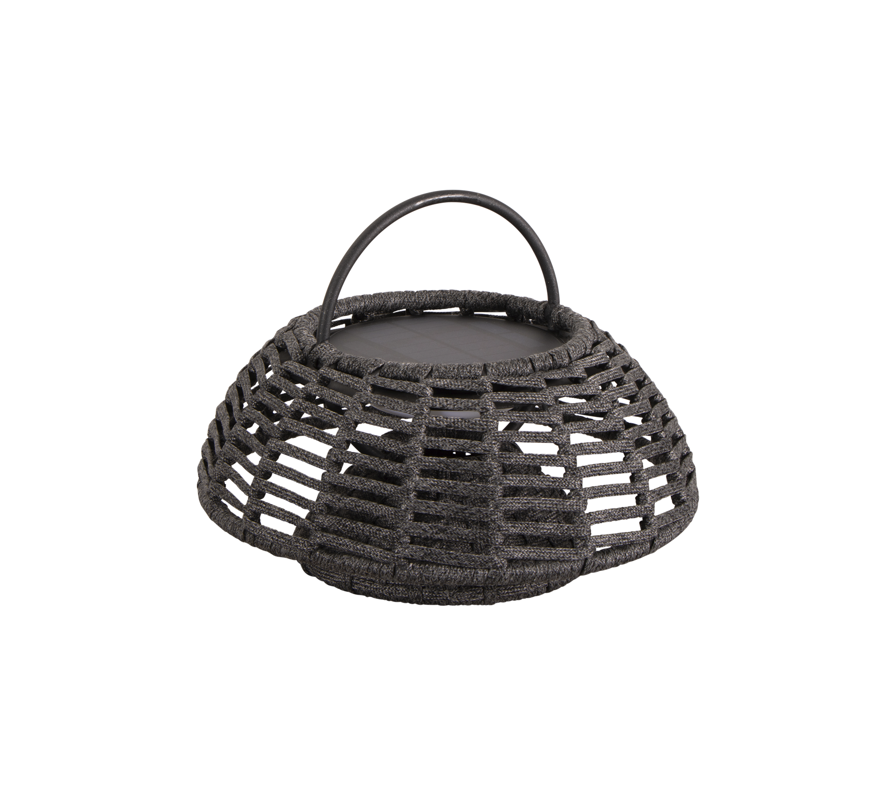 Round woven basket with a handle and a lid, designed for storage or display. Features a unique open weave pattern.