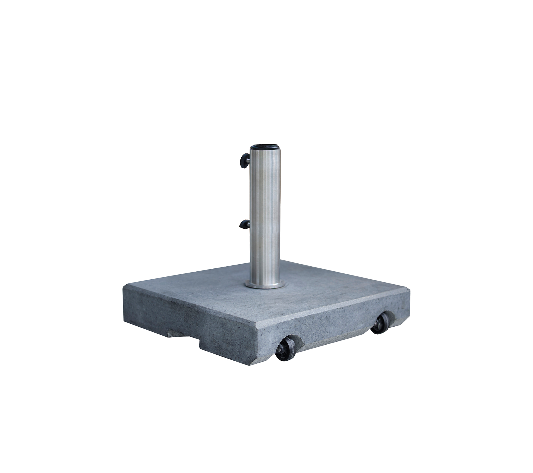 A sturdy, square base with a stainless steel pole, featuring rollers for easy movement, designed for stability and support.