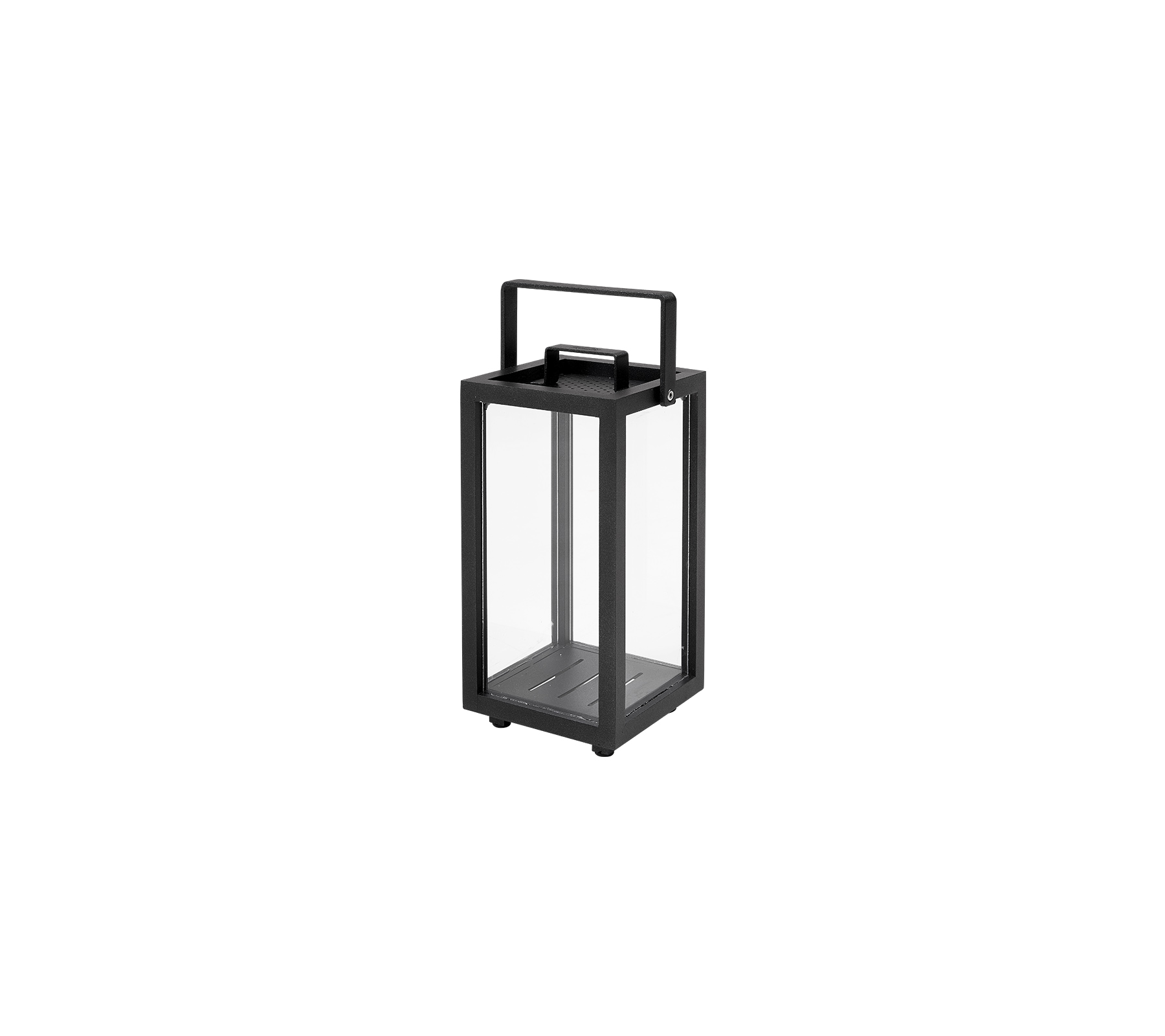 Square lantern with a black frame and glass panels, featuring a handle on top for easy carrying.