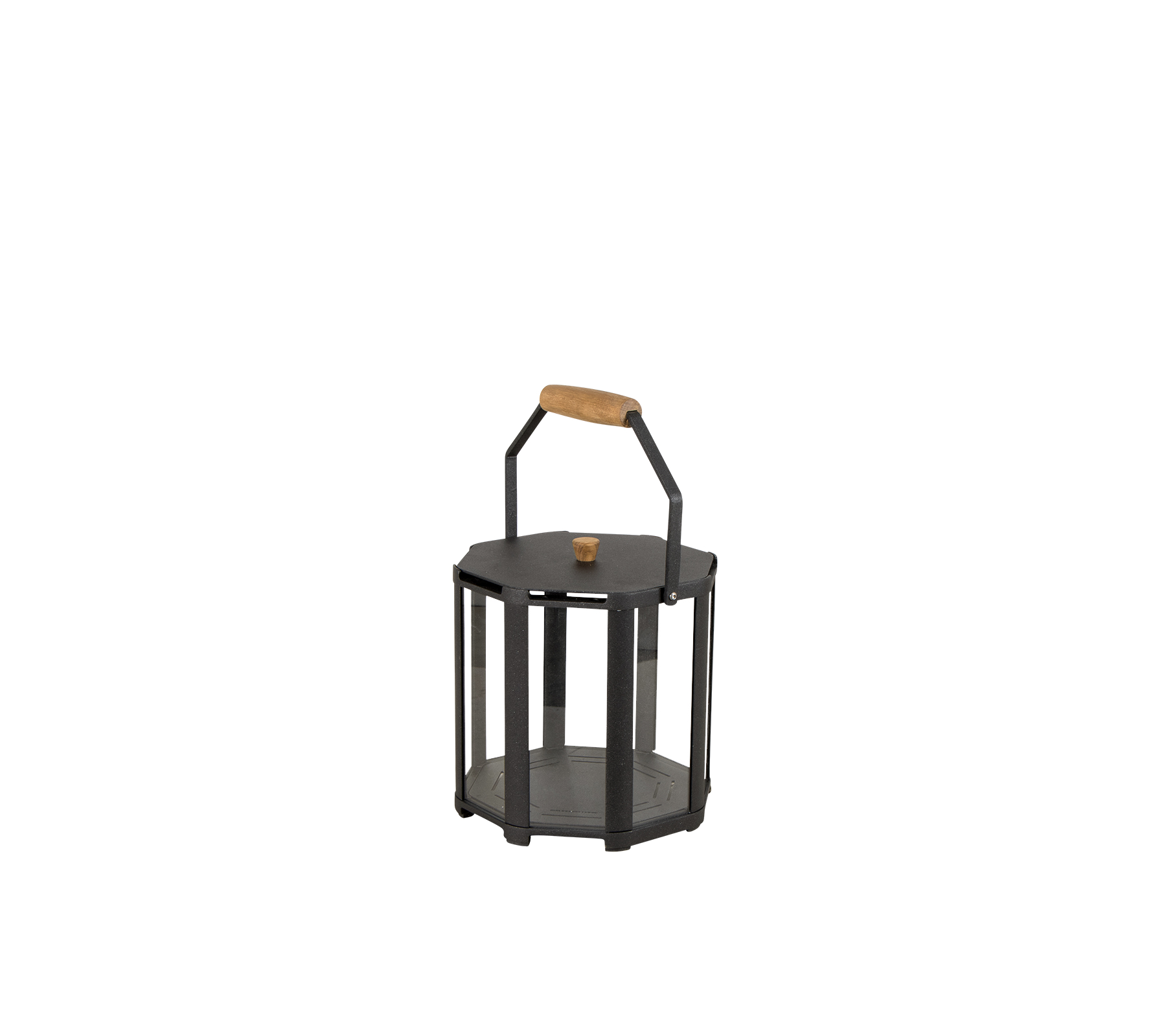 Stylish lantern with a black metal frame and wooden handle, designed to hold a candle or light source.