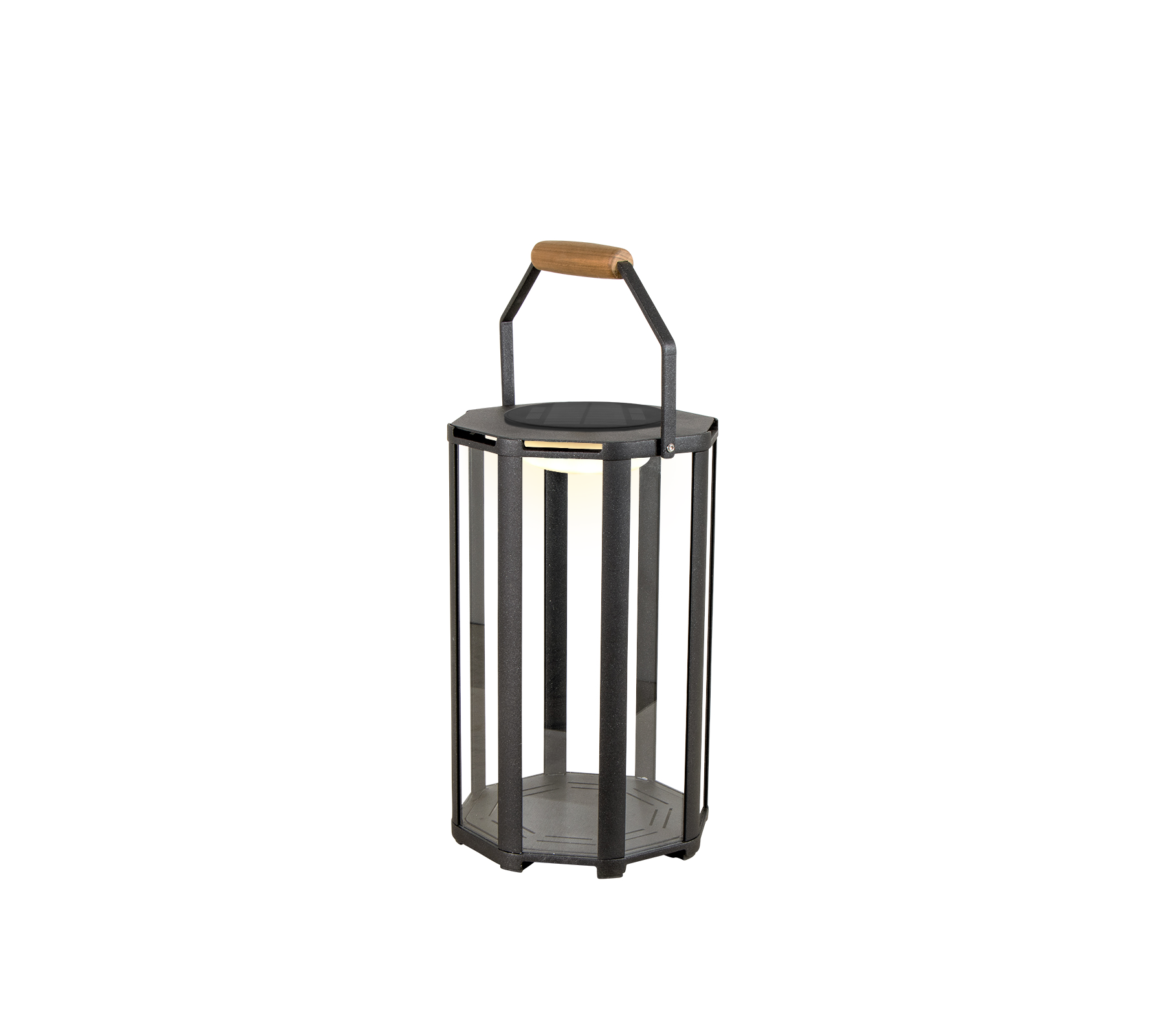 Stylish lantern with a metal frame and a wooden handle, featuring LED lighting for a modern touch.