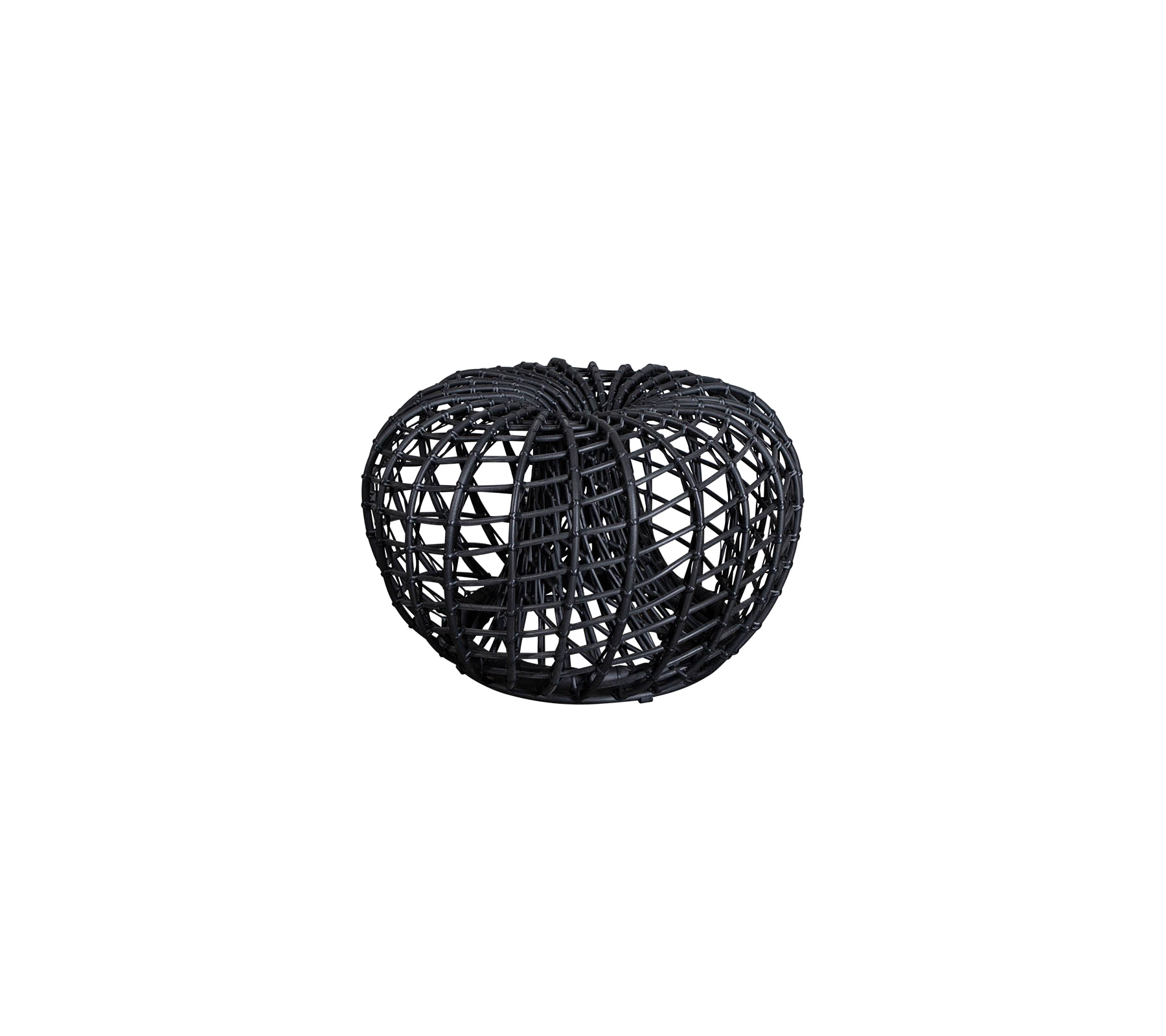 Black decorative woven basket with a round, open design, perfect for storing items or enhancing decor.
