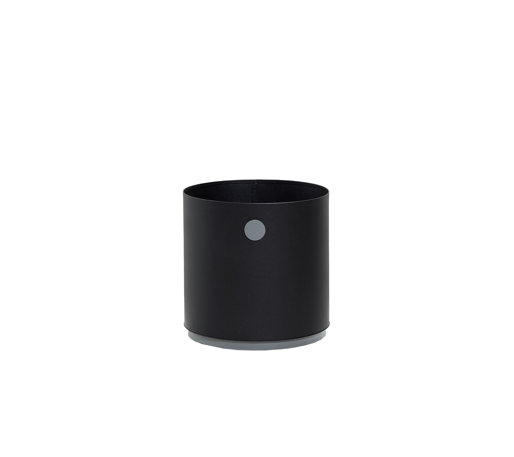 Black cylindrical container with a smooth finish and a small circular detail on the side, perfect for various storage needs.