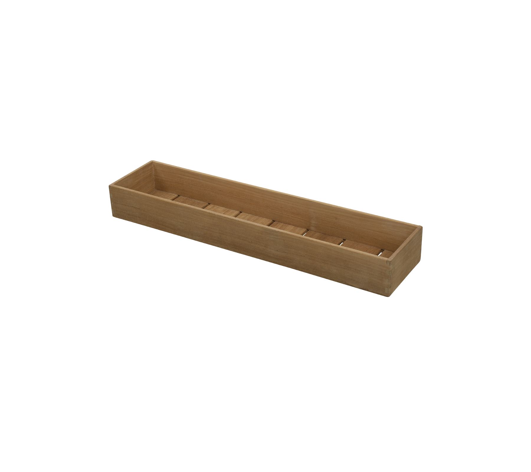 Wooden storage tray with multiple compartments for organizing items, featuring a long and rectangular design.