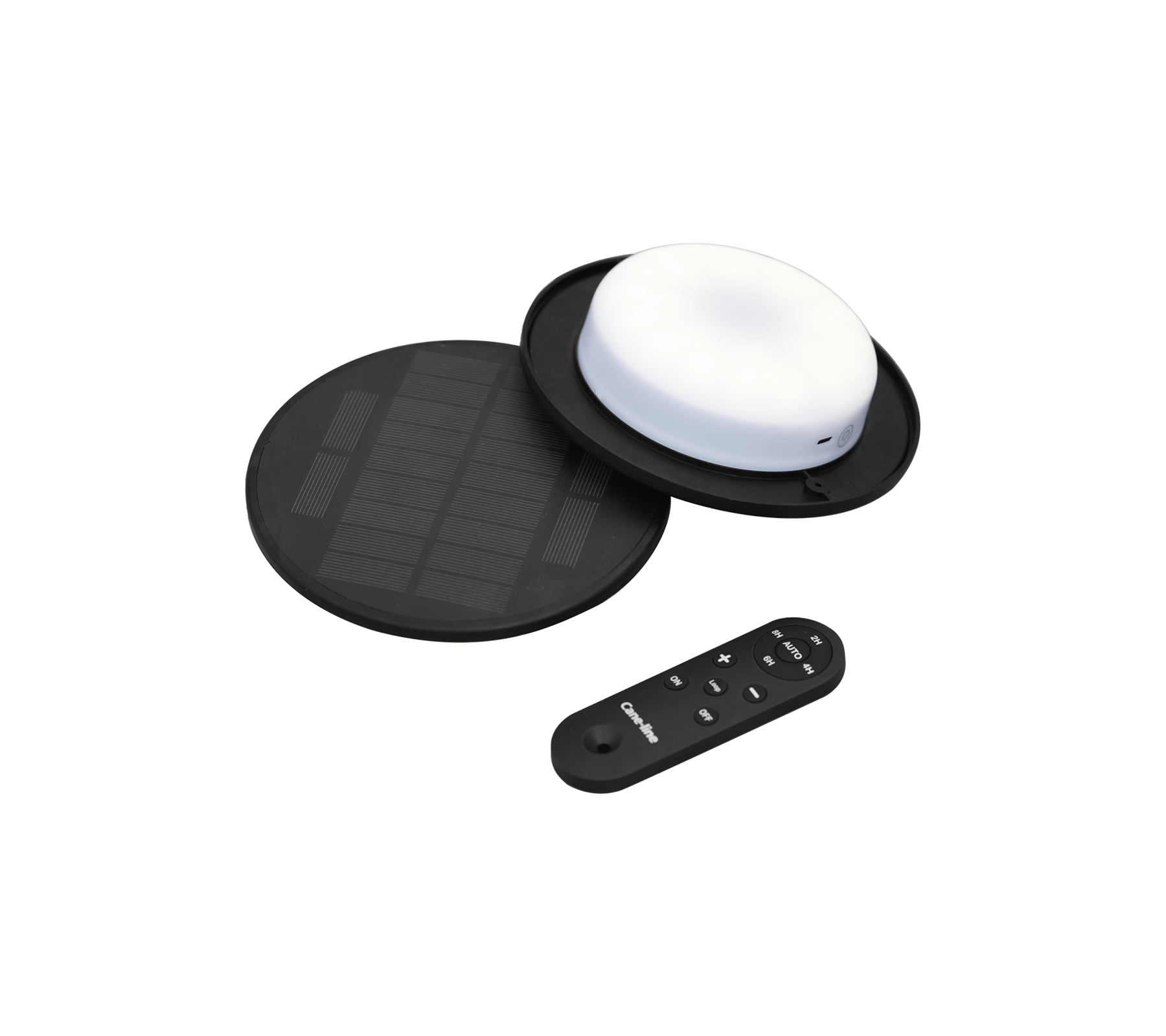 Solar-powered LED light with a round white lamp, a black solar panel, and a remote control for operation.