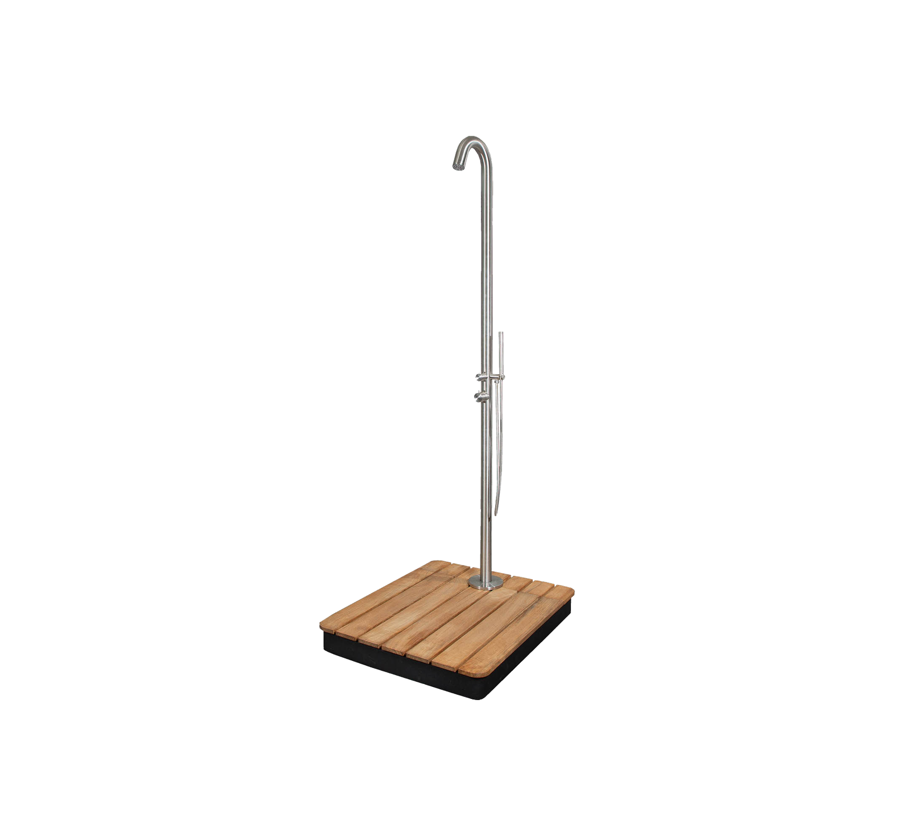 Stylish outdoor shower with a sleek design, featuring a sturdy base and a tall, curved showerhead for an elegant look.