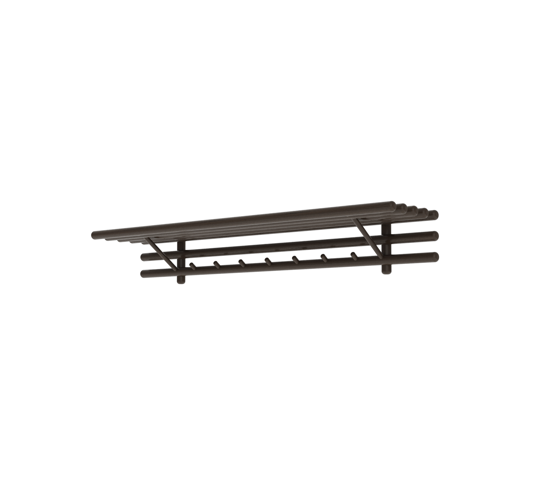 A sleek, dark wood wall shelf with multiple hooks, perfect for organizing and displaying items stylishly.