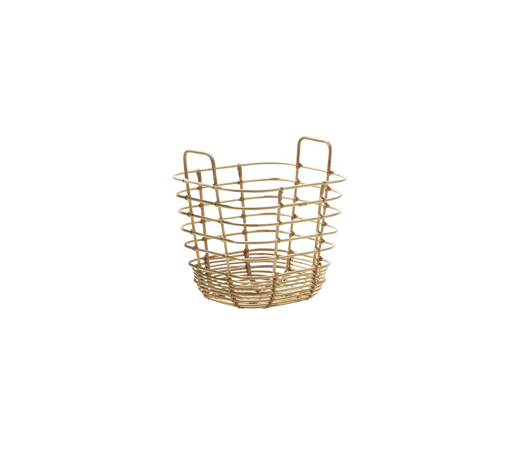 Woven storage basket with handles, featuring a circular design and an open weave for versatility and style.