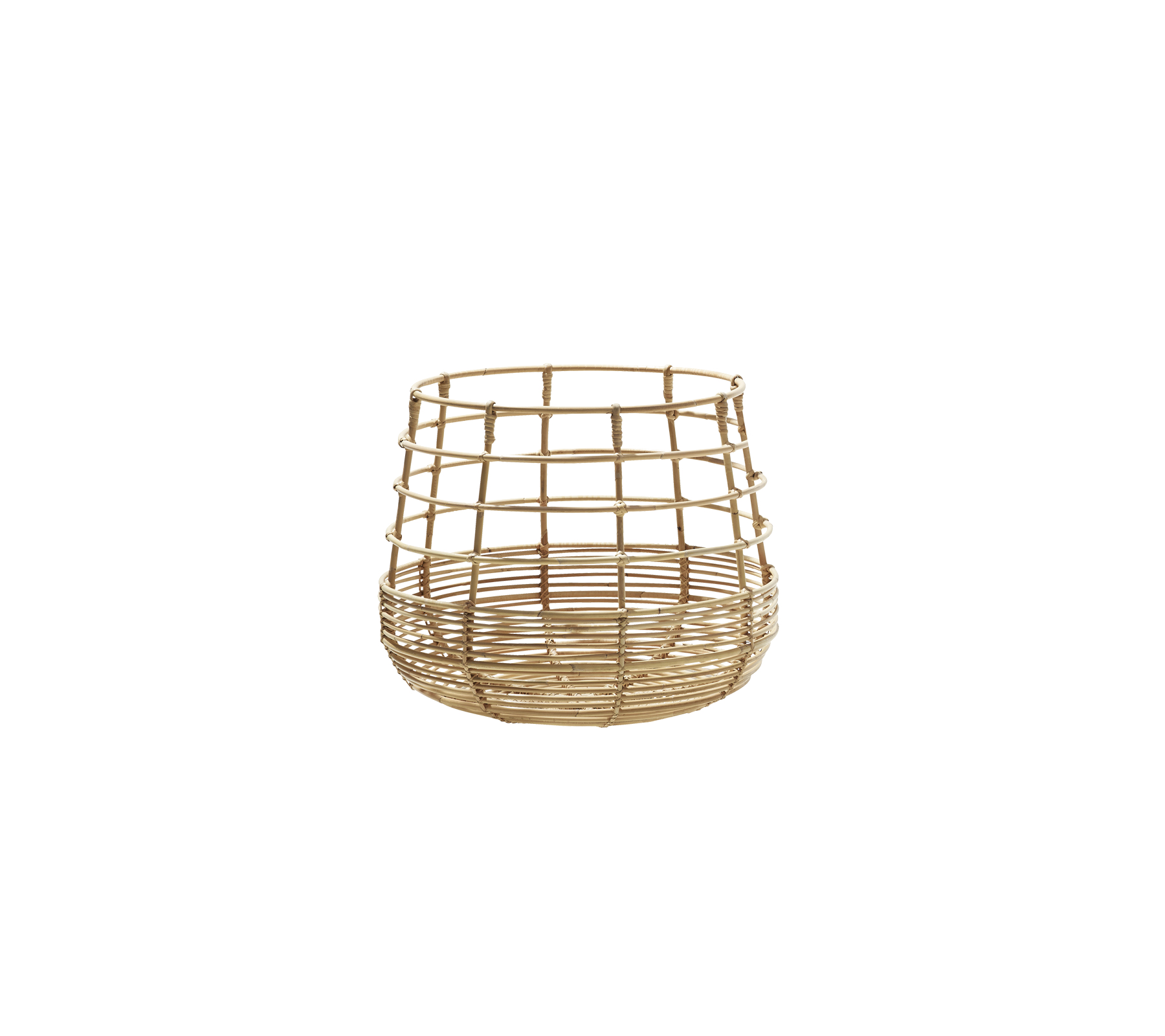 Woven round basket in a natural finish, featuring a grid pattern for stylish storage and organization.