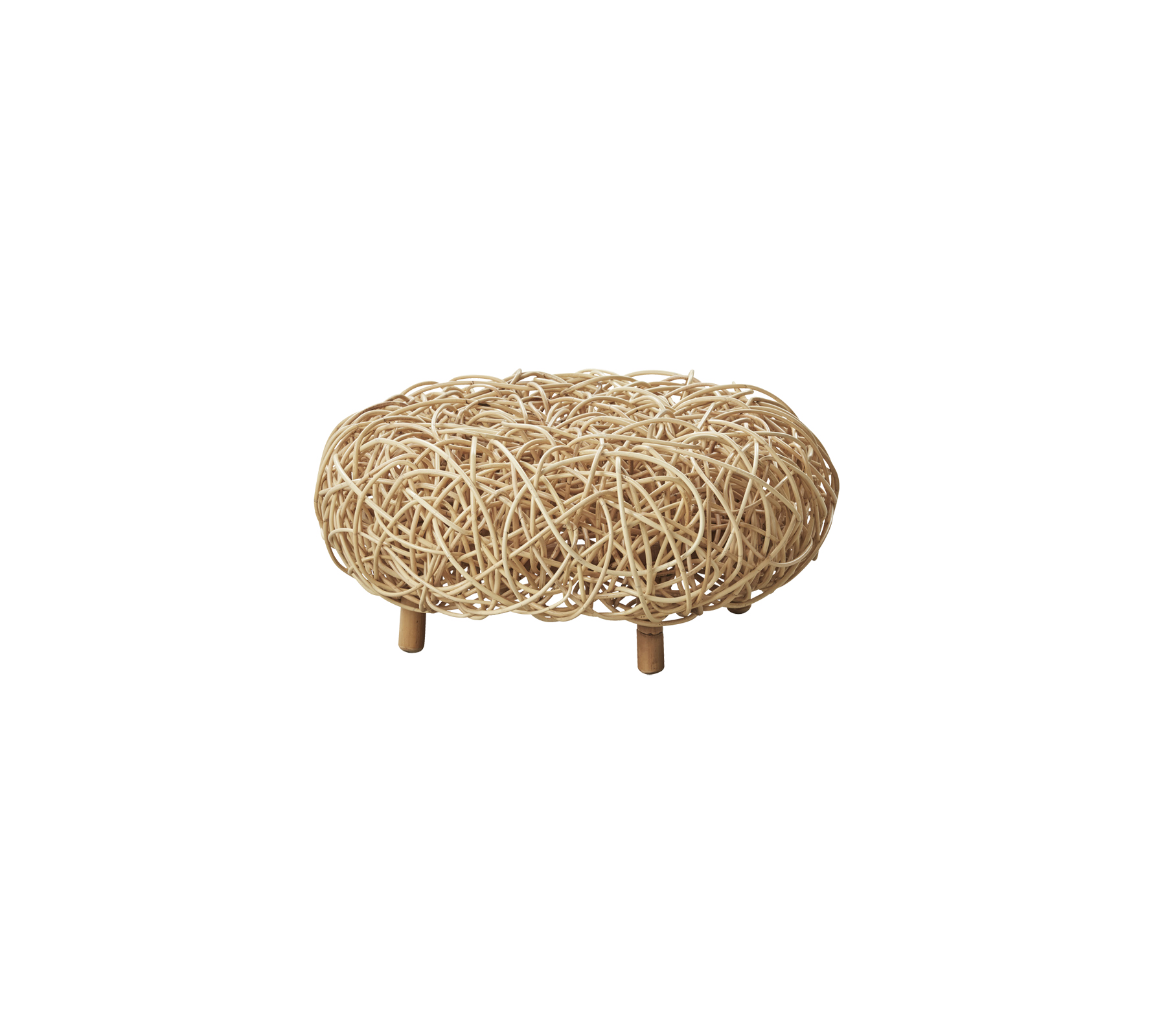 Natural woven ottoman with a rounded shape, supported by four wooden legs, adding a cozy and stylish touch to any space.