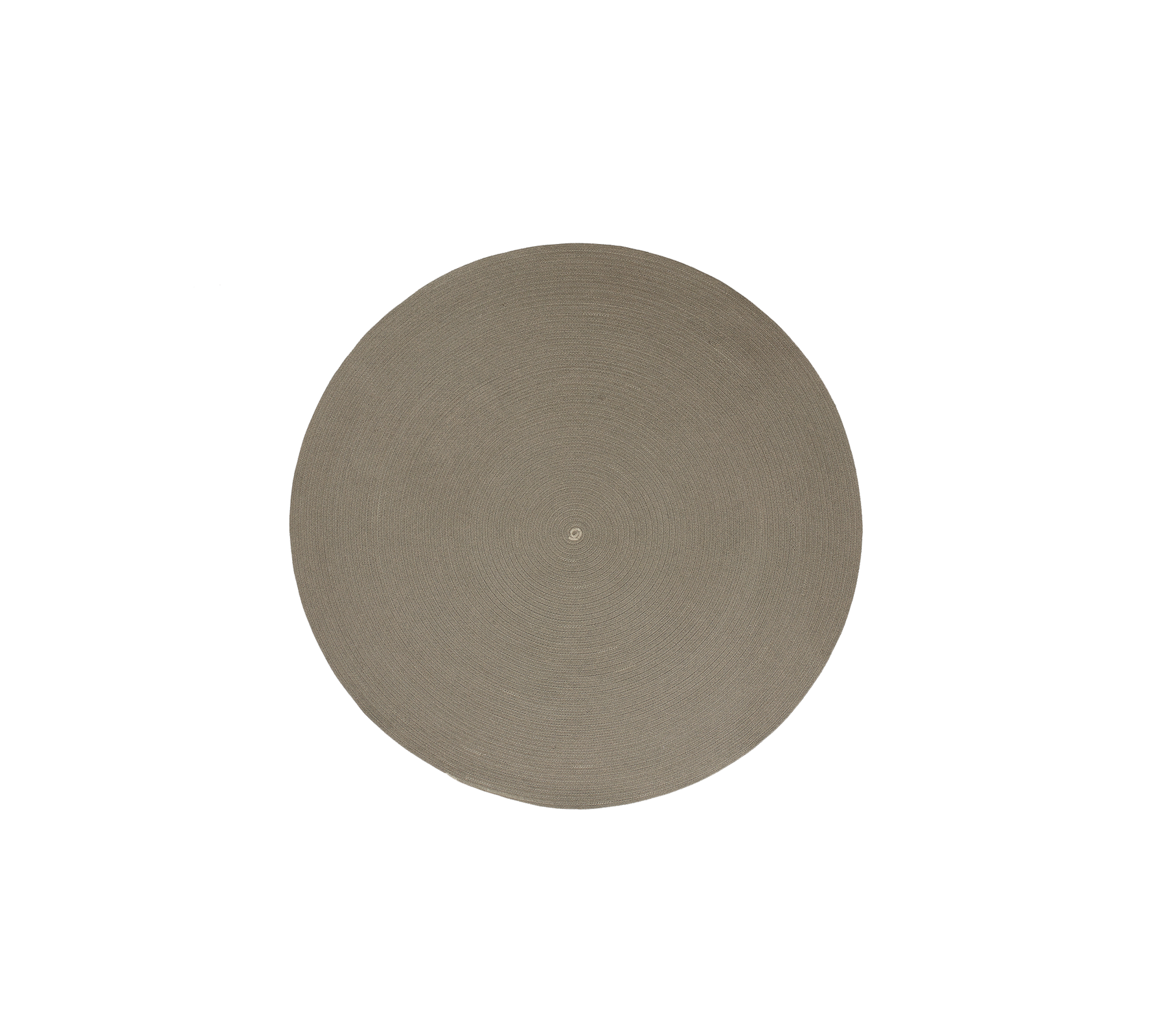 Taupe Circle outdoor rug with a simple and elegant flat weave design featuring a swirl pattern, made from Cane-line Soft Rope.