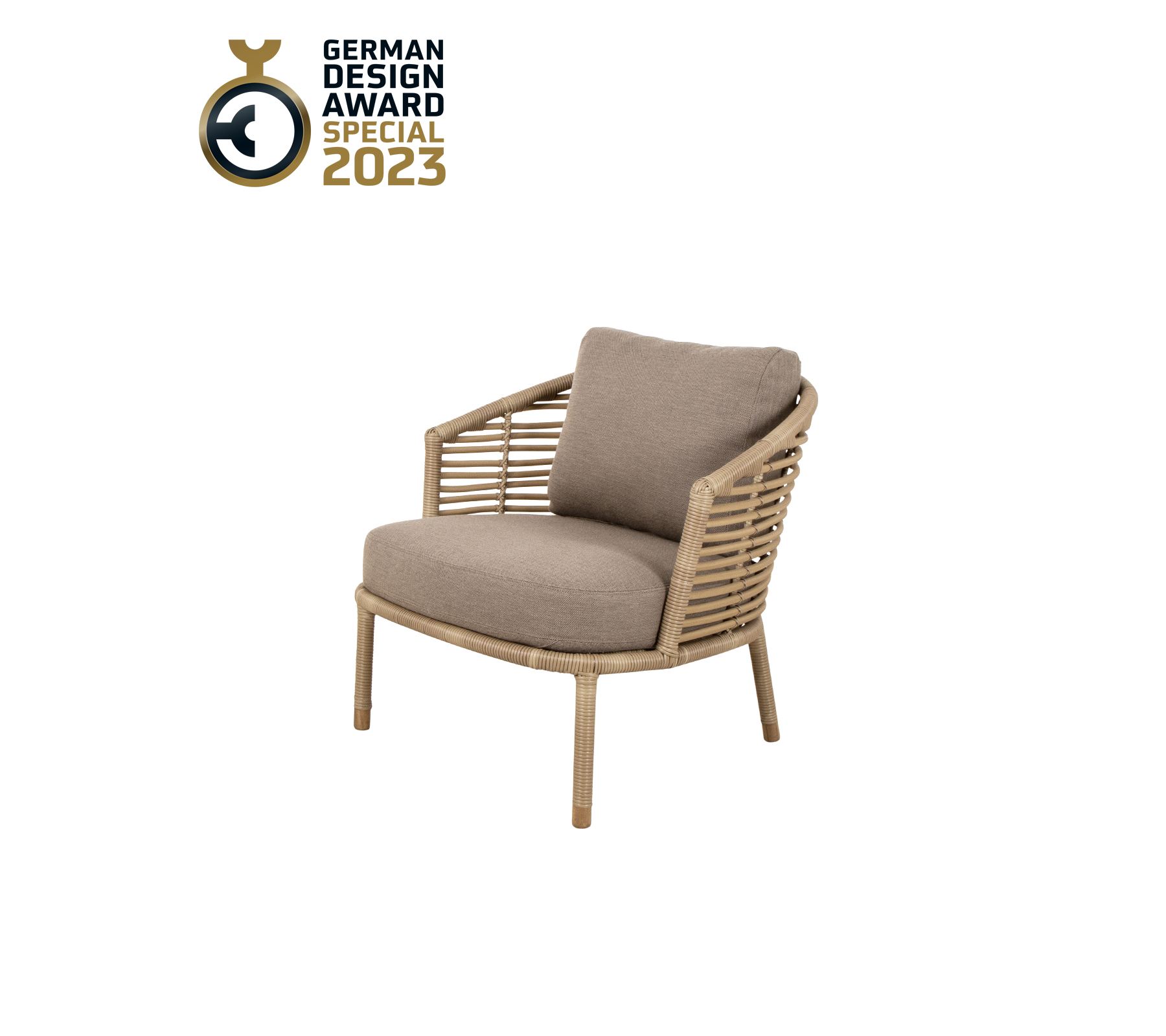 Stylish chair with a woven design and plush cushion, awarded the German Design Award 2023.