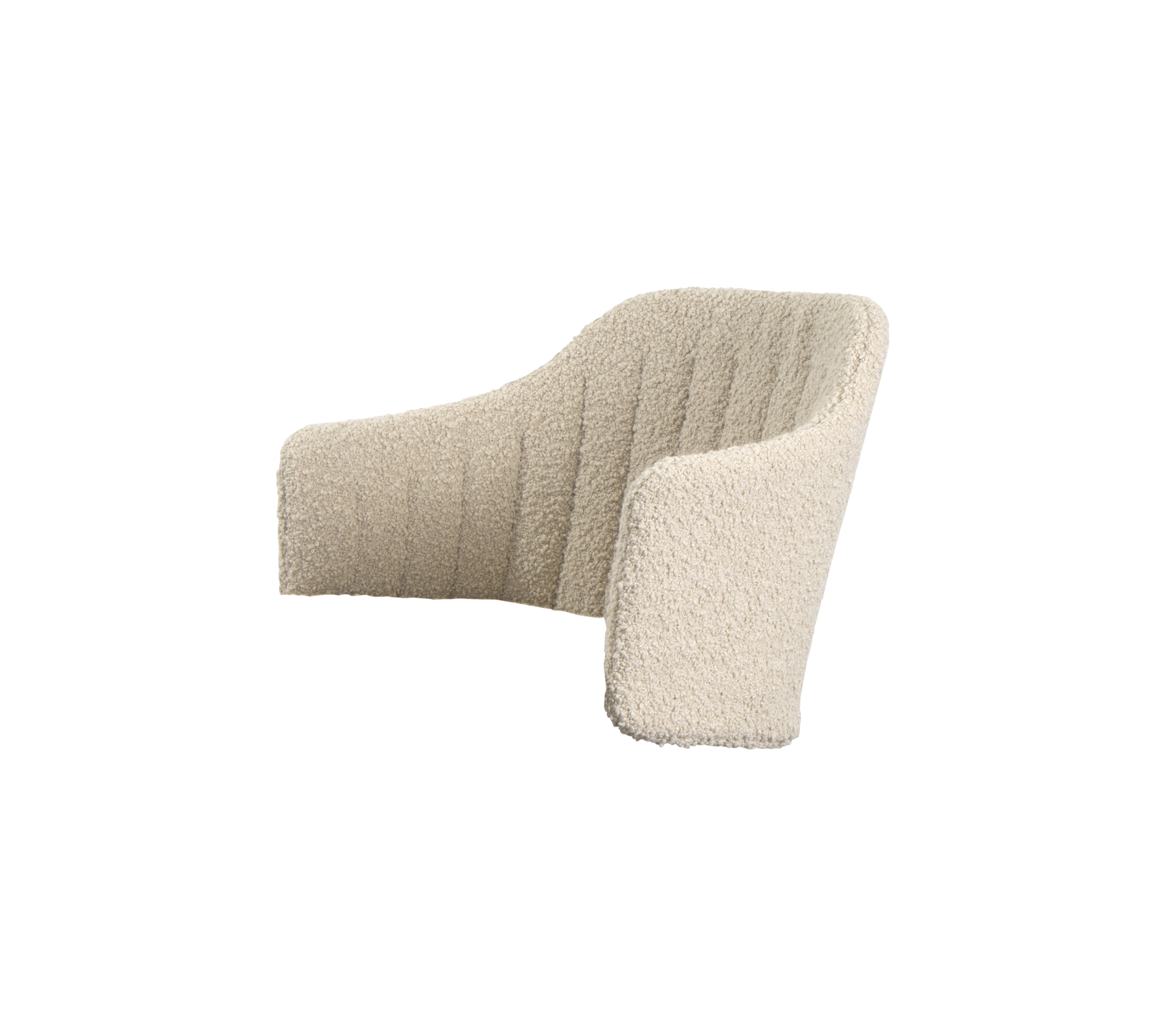 Curvy, upholstered armchair in soft cream fabric with vertical tufting, designed for comfort and modern aesthetics.