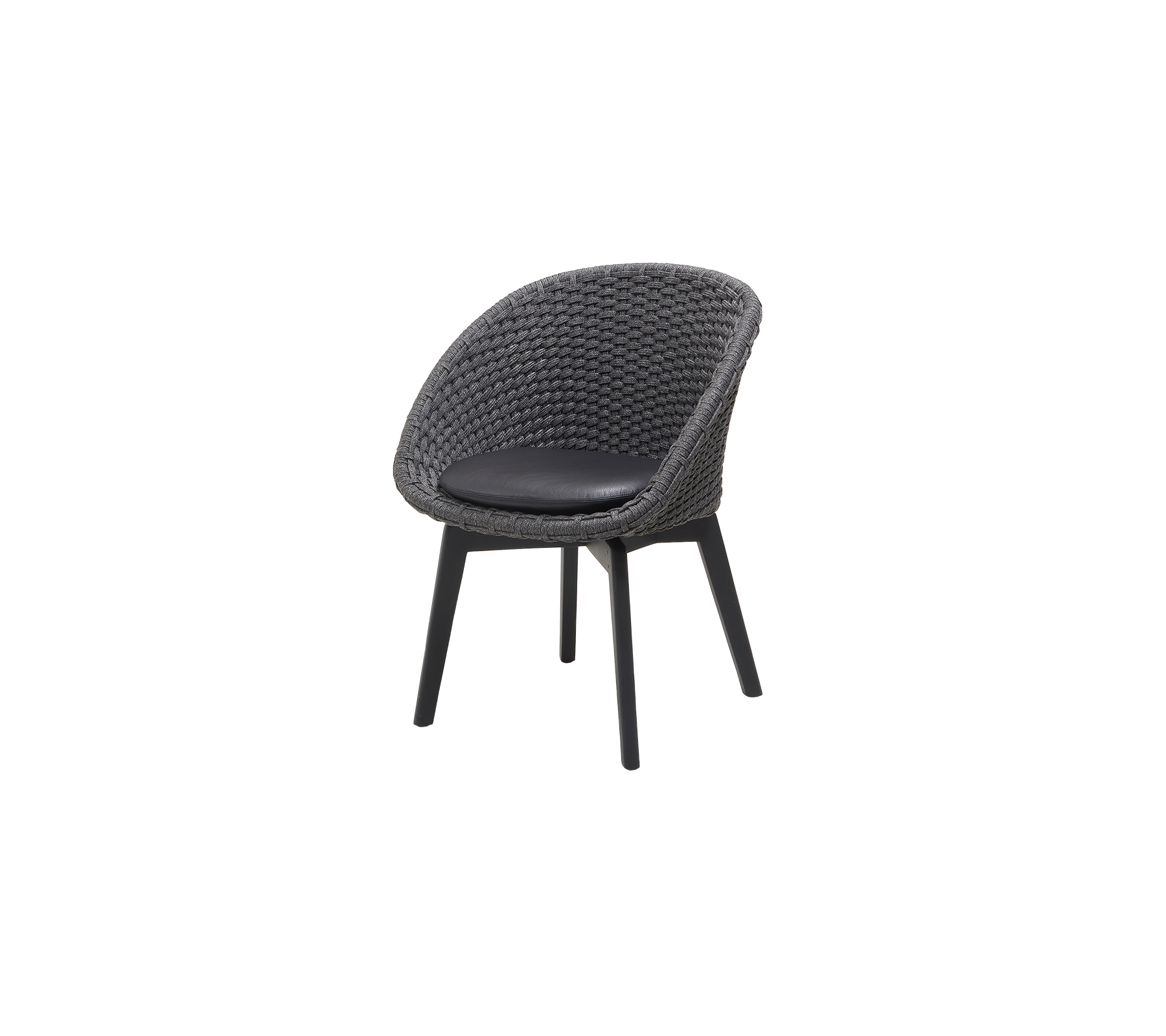 Stylish chair with a rounded woven seat and black cushioned surface, supported by sleek legs for modern seating.