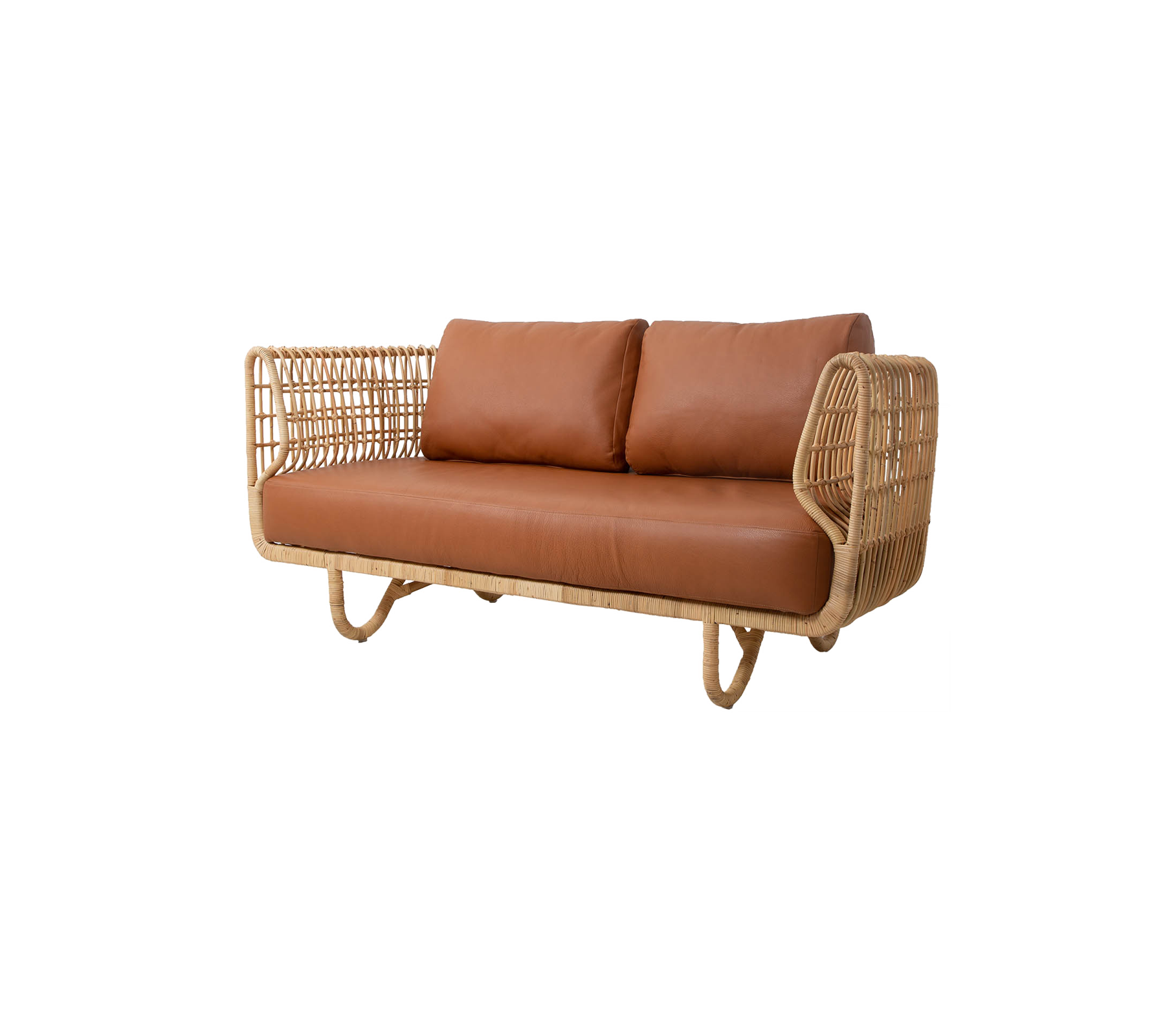 Stylish sofa featuring a natural woven frame and plush brown cushions, perfect for cozy seating.