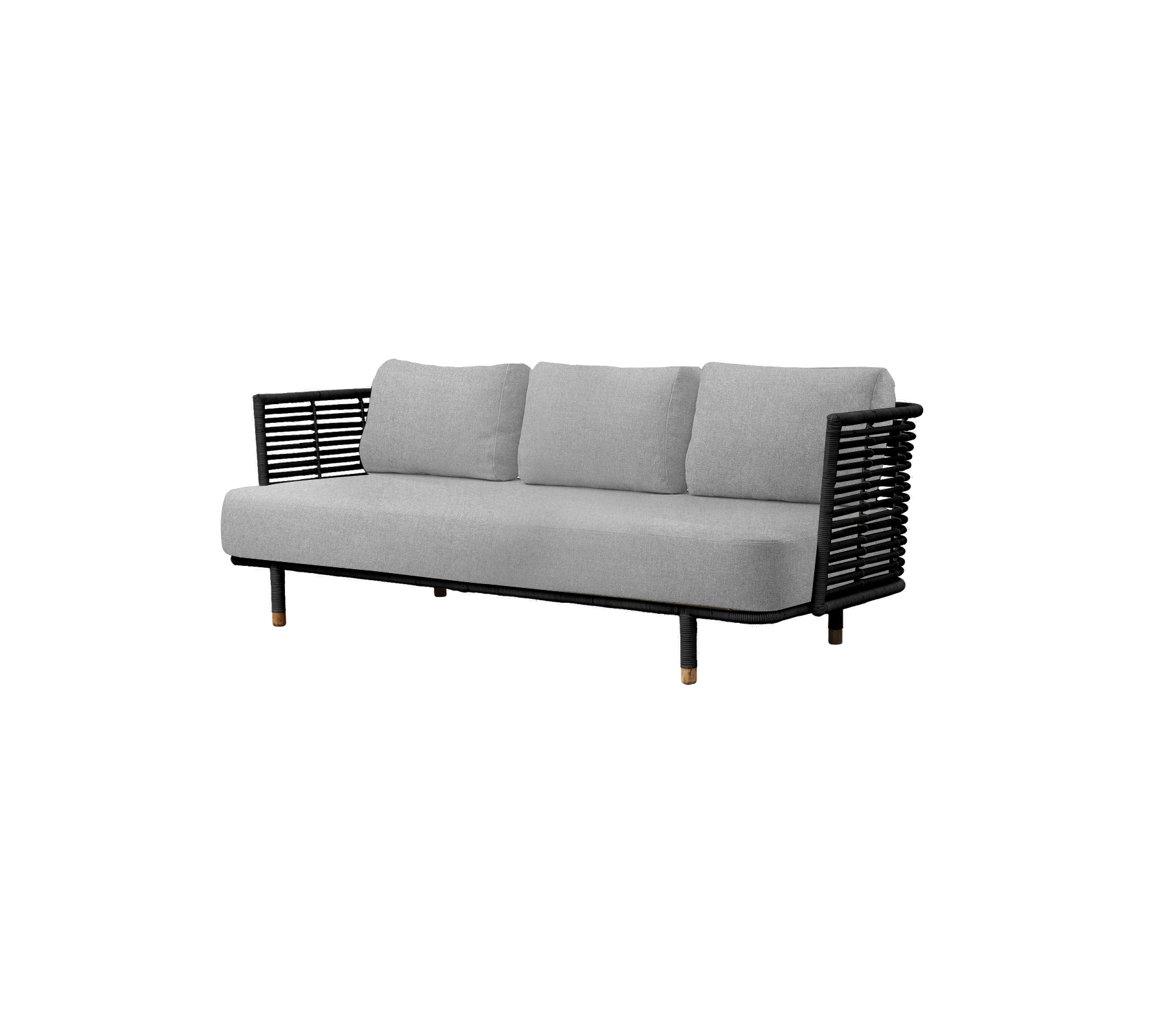 Stylish sofa in gray with three cushioned seats and black woven side panels, offering modern comfort and design.