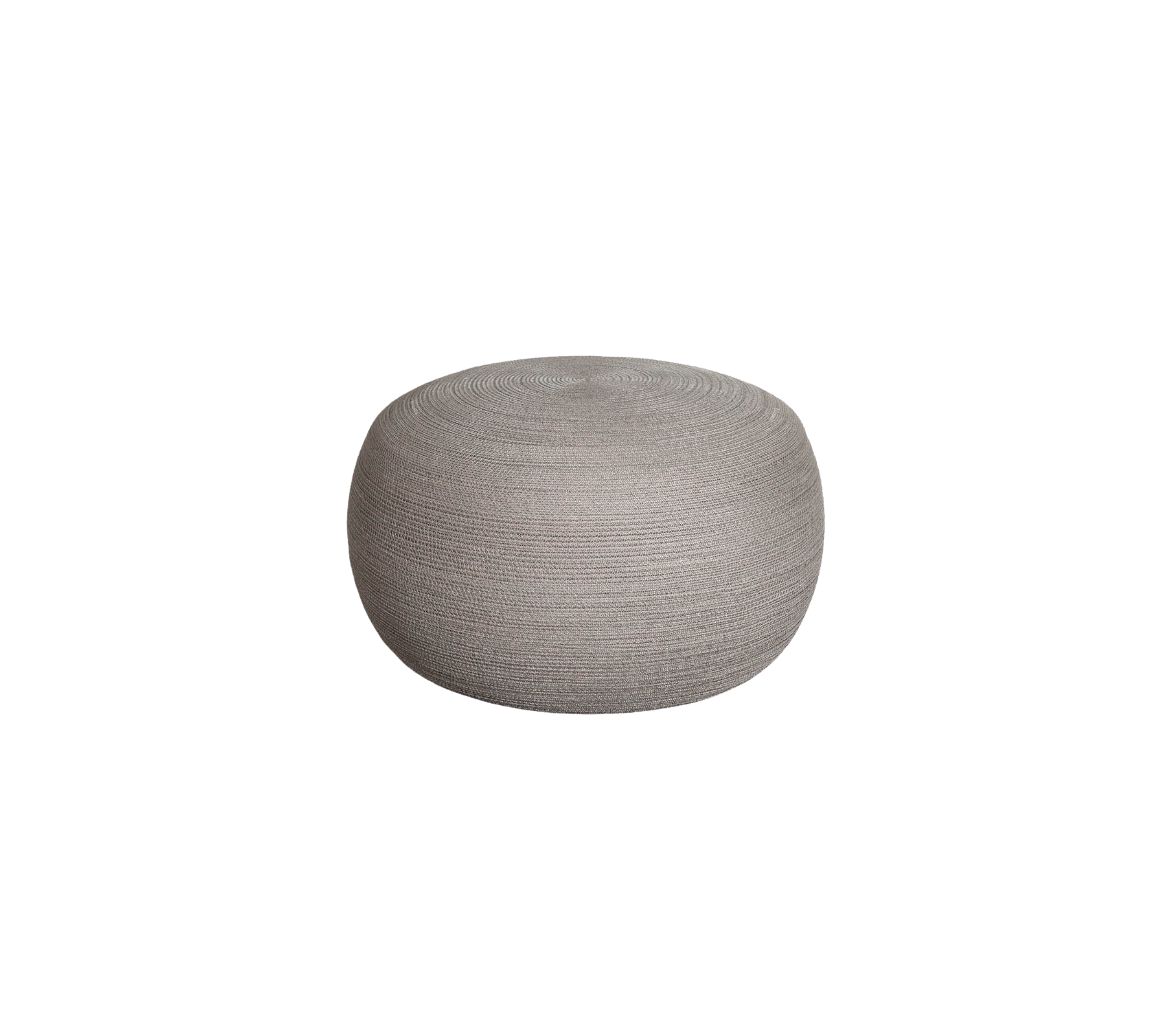 Round, textured pouf in a soft gray color, ideal for accent seating or as a decorative element in various spaces.