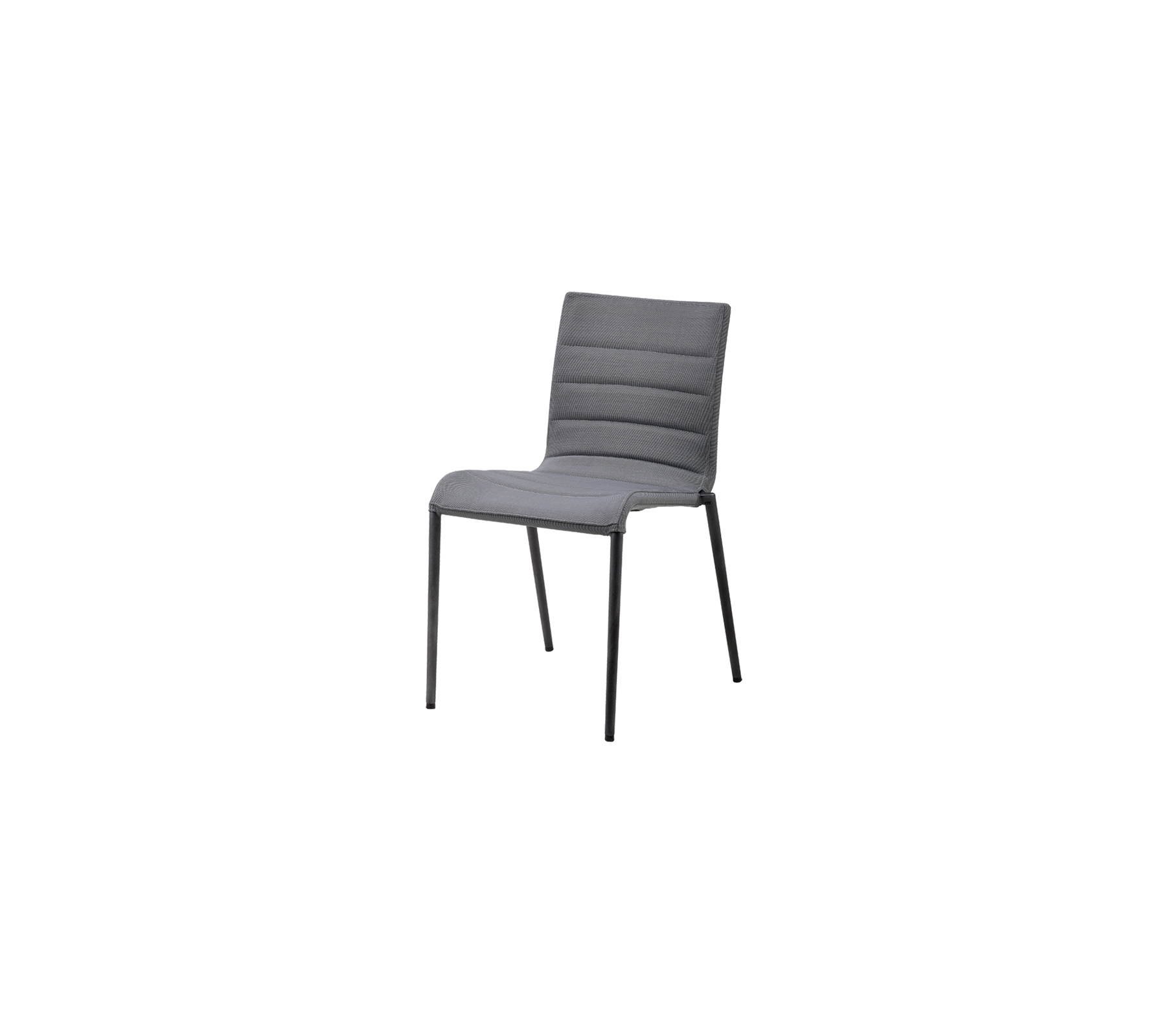 Modern gray chair with a minimalistic design, featuring a cushioned seat and backrest for comfort.