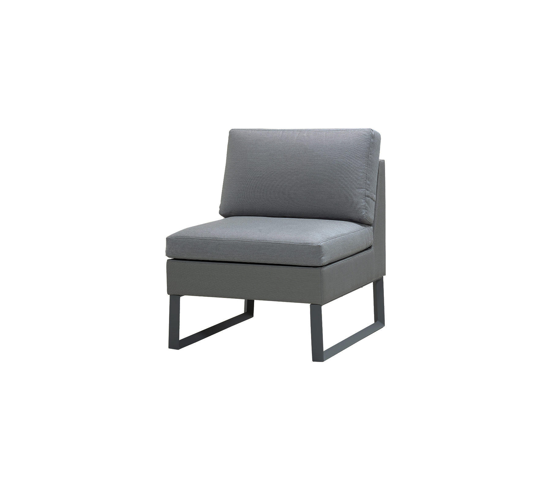 Stylish gray chair with a modern design, featuring plush cushions and a minimalist frame for comfortable seating.