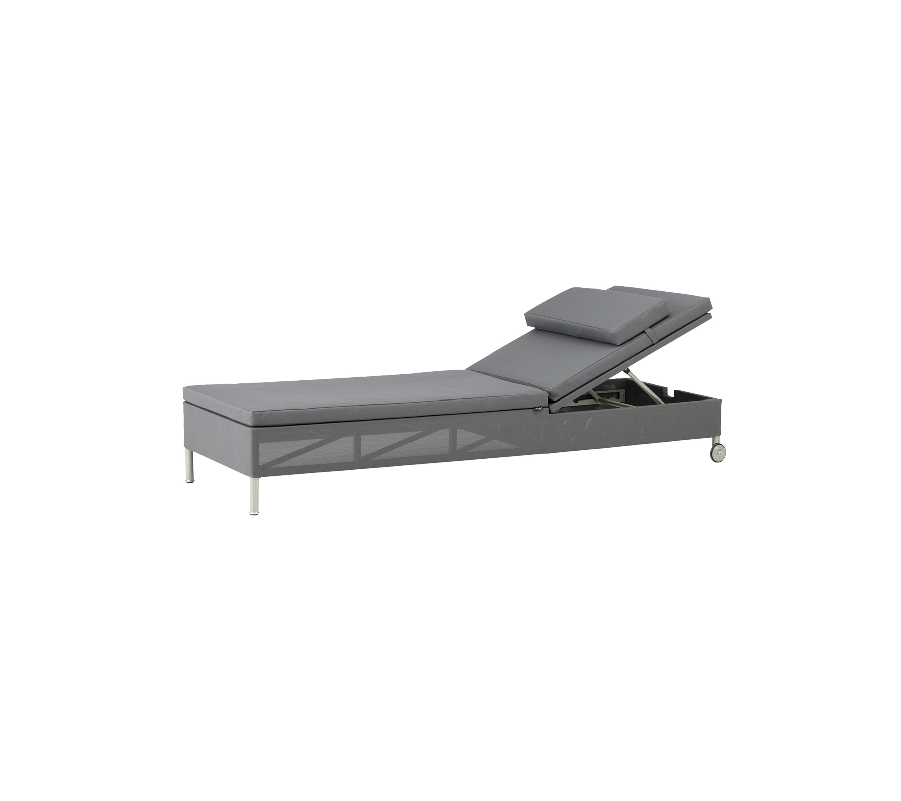 Adjustable gray chaise with a reclining backrest and built-in storage, featuring sleek design and metallic legs.