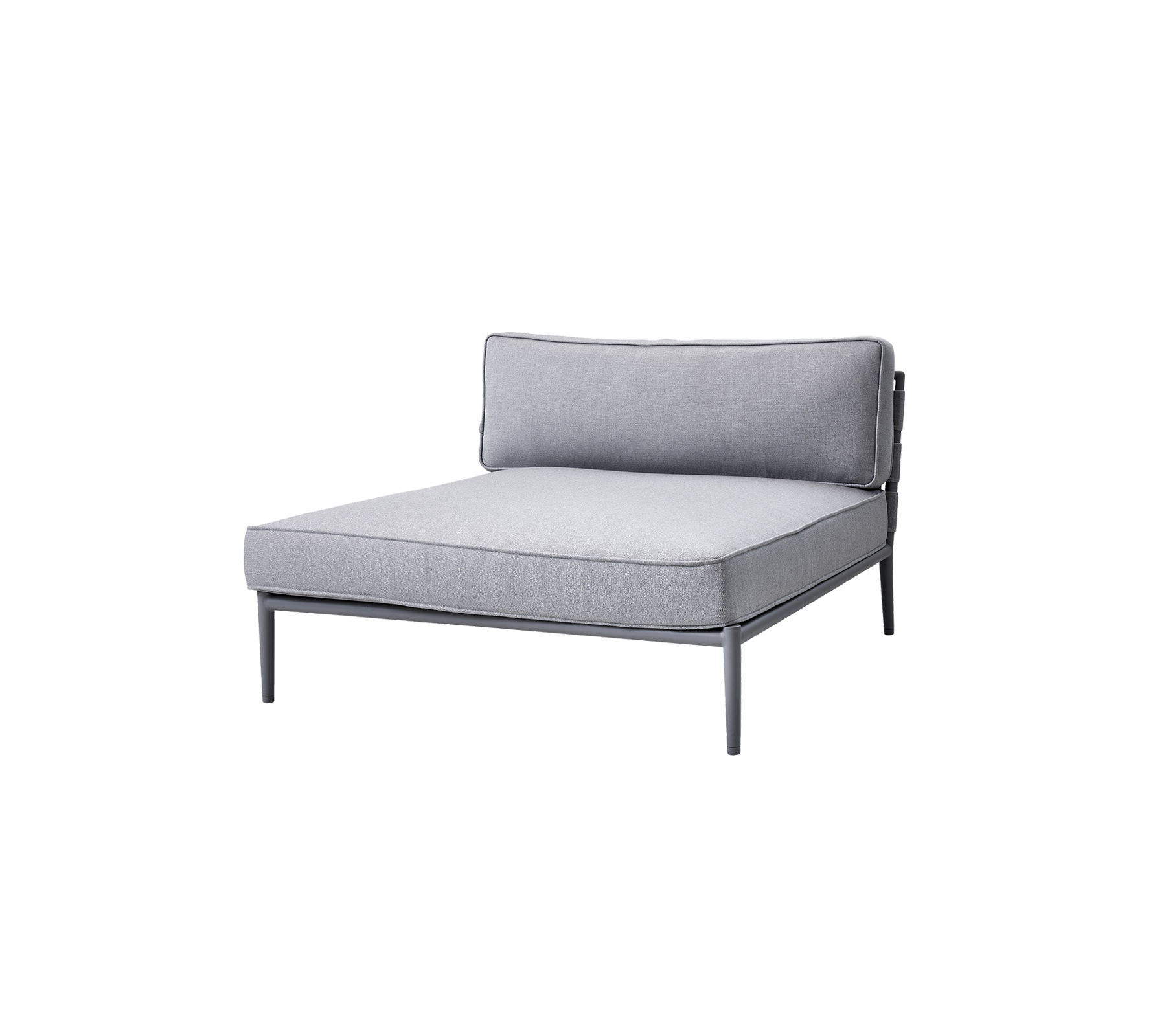 Gray upholstered lounge chair with a minimalist design and a sleek metal frame, featuring a backrest and spacious seating area.
