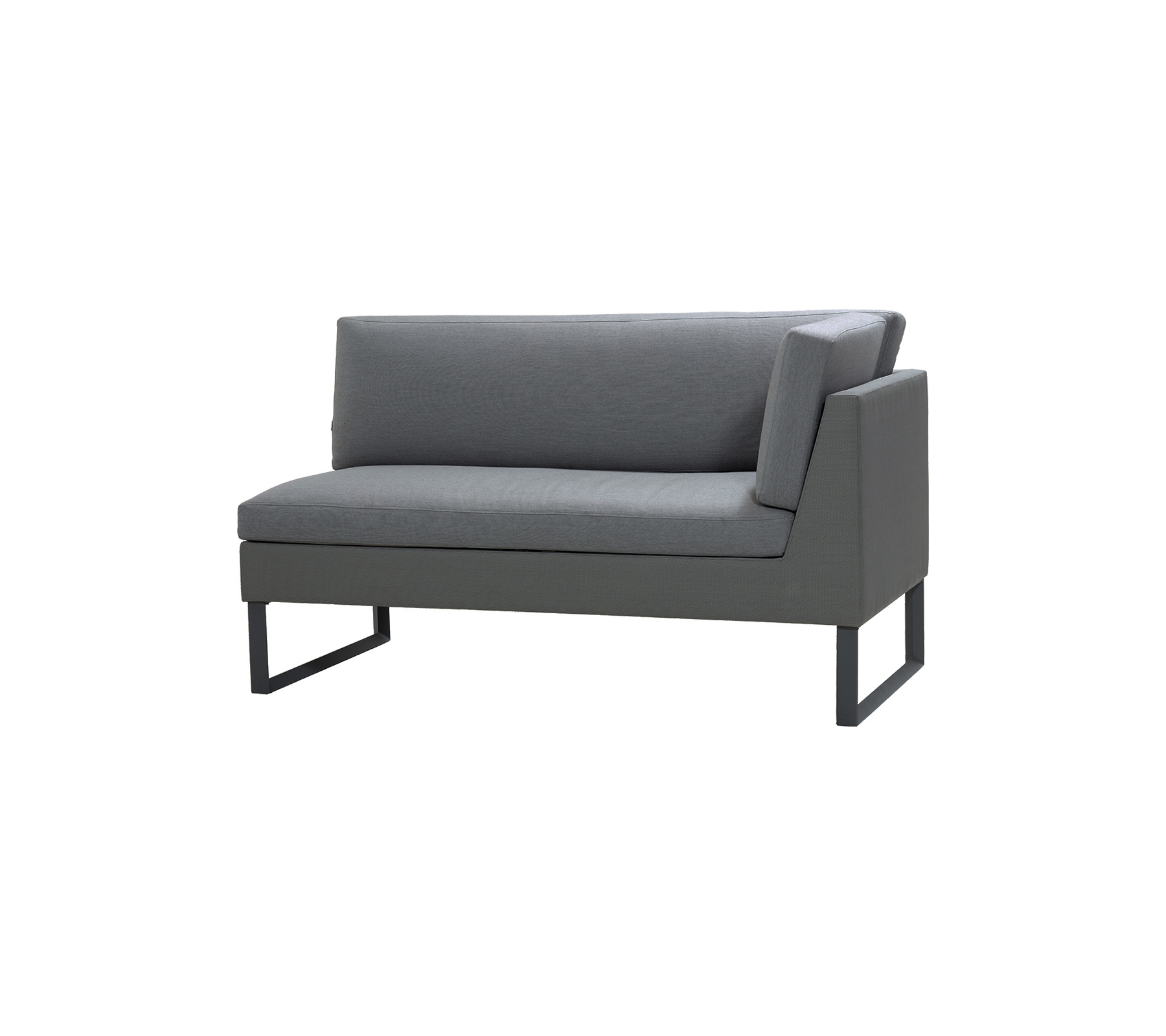Modern two-seat sofa in a sleek gray fabric with minimalist metal legs and a contemporary design, ideal for stylish seating.