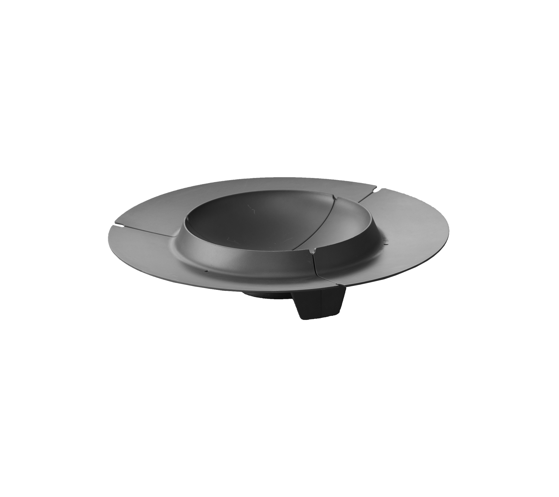 A sleek, circular black device with a central concave section and three extended segments around the edge.