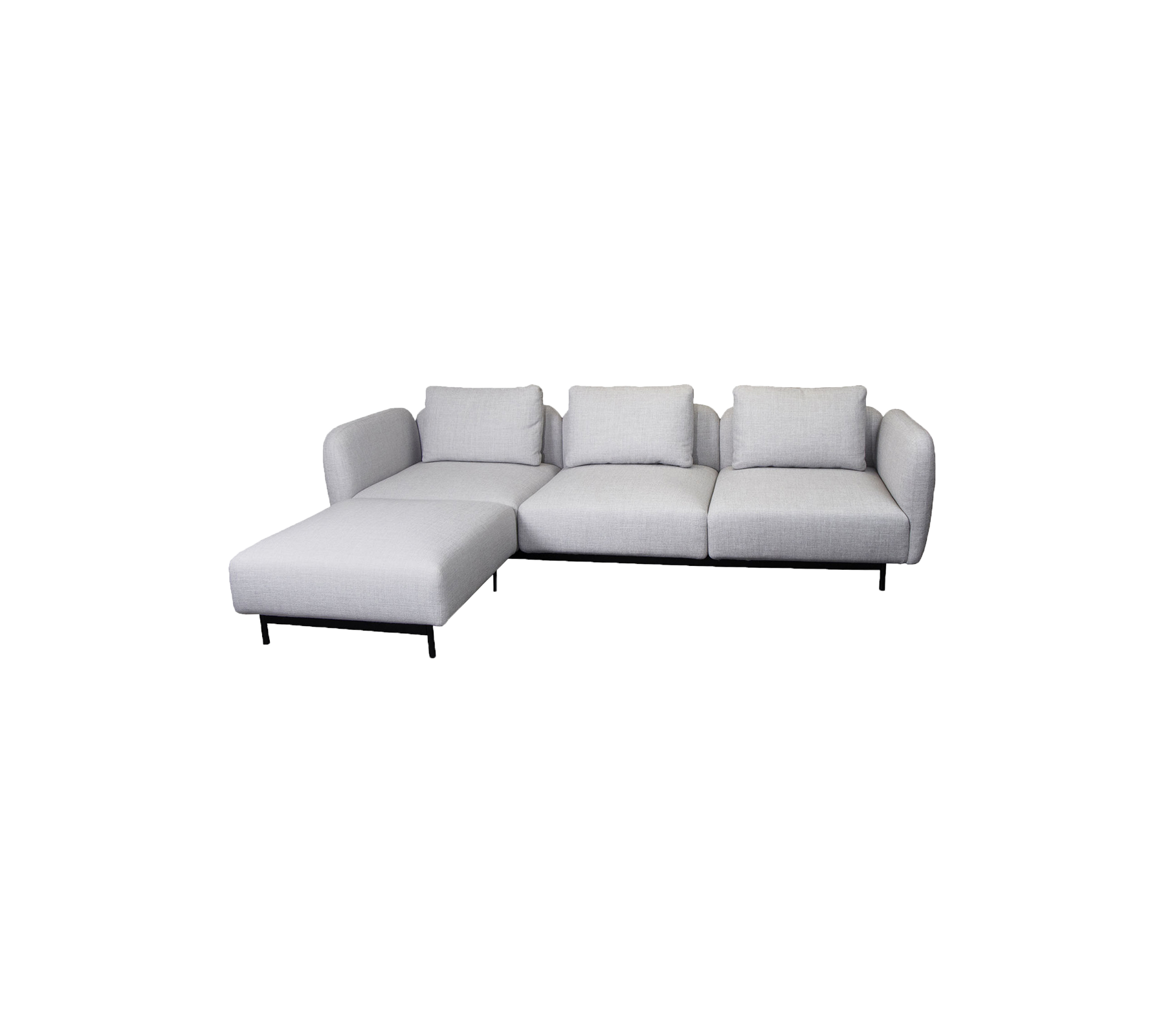 Contemporary L-shaped sofa in light gray fabric with plush cushions and tapered legs, ideal for modern living spaces.