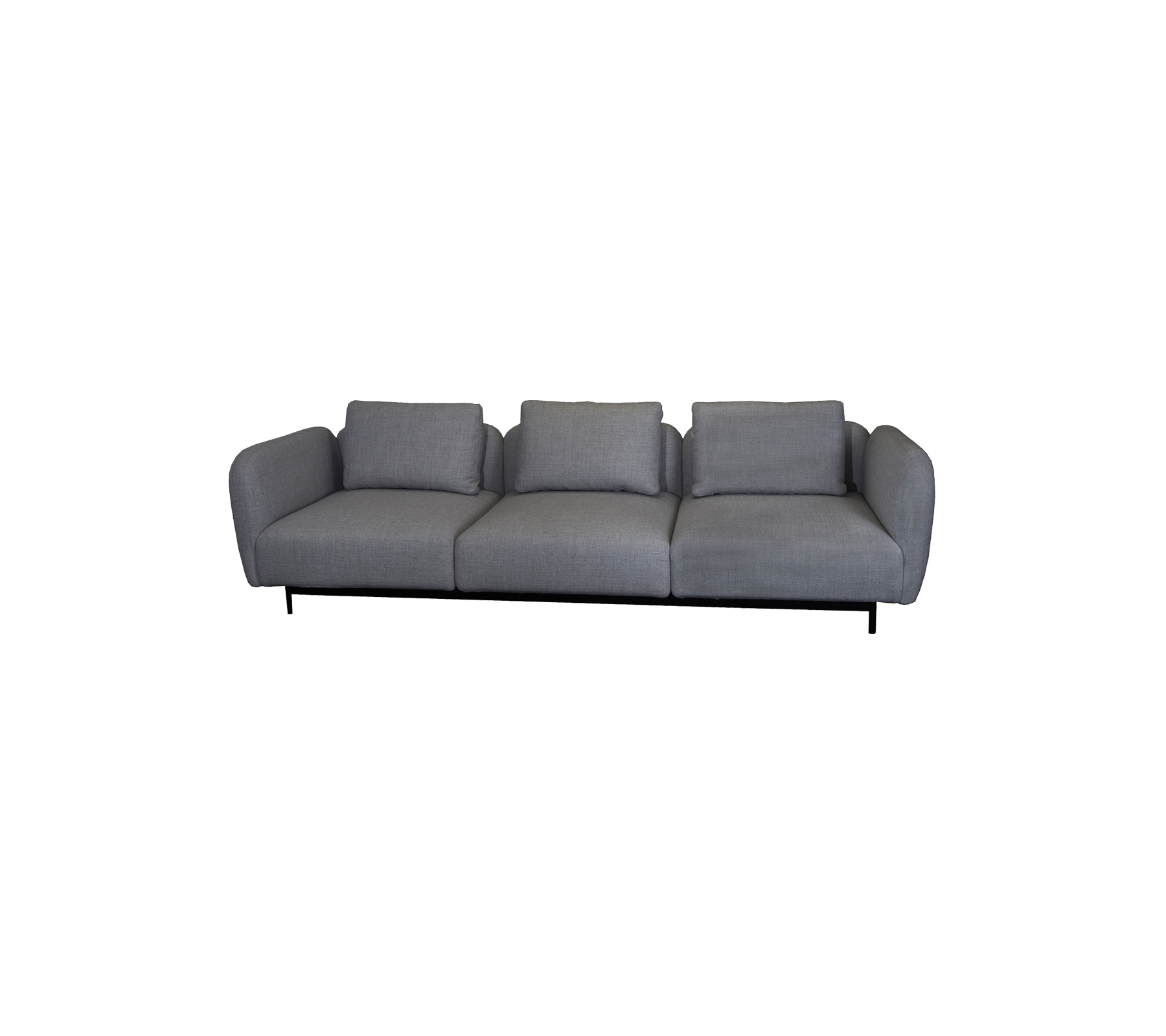 A sleek, modern sofa with a minimalist design featuring three plush cushions and a clean, simple silhouette in gray upholstery.