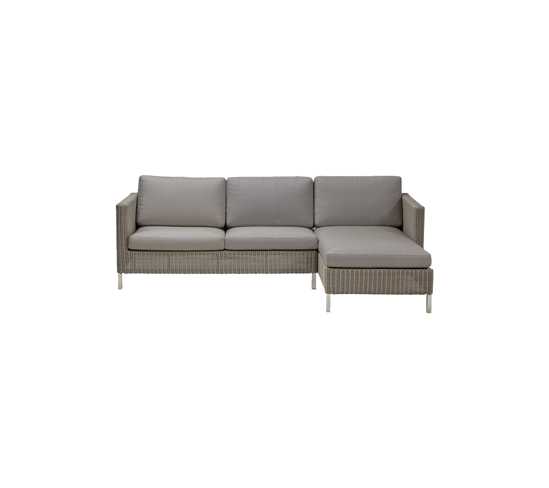 Modern sectional sofa featuring a light gray color and comfortable cushions with a sleek design and woven texture.