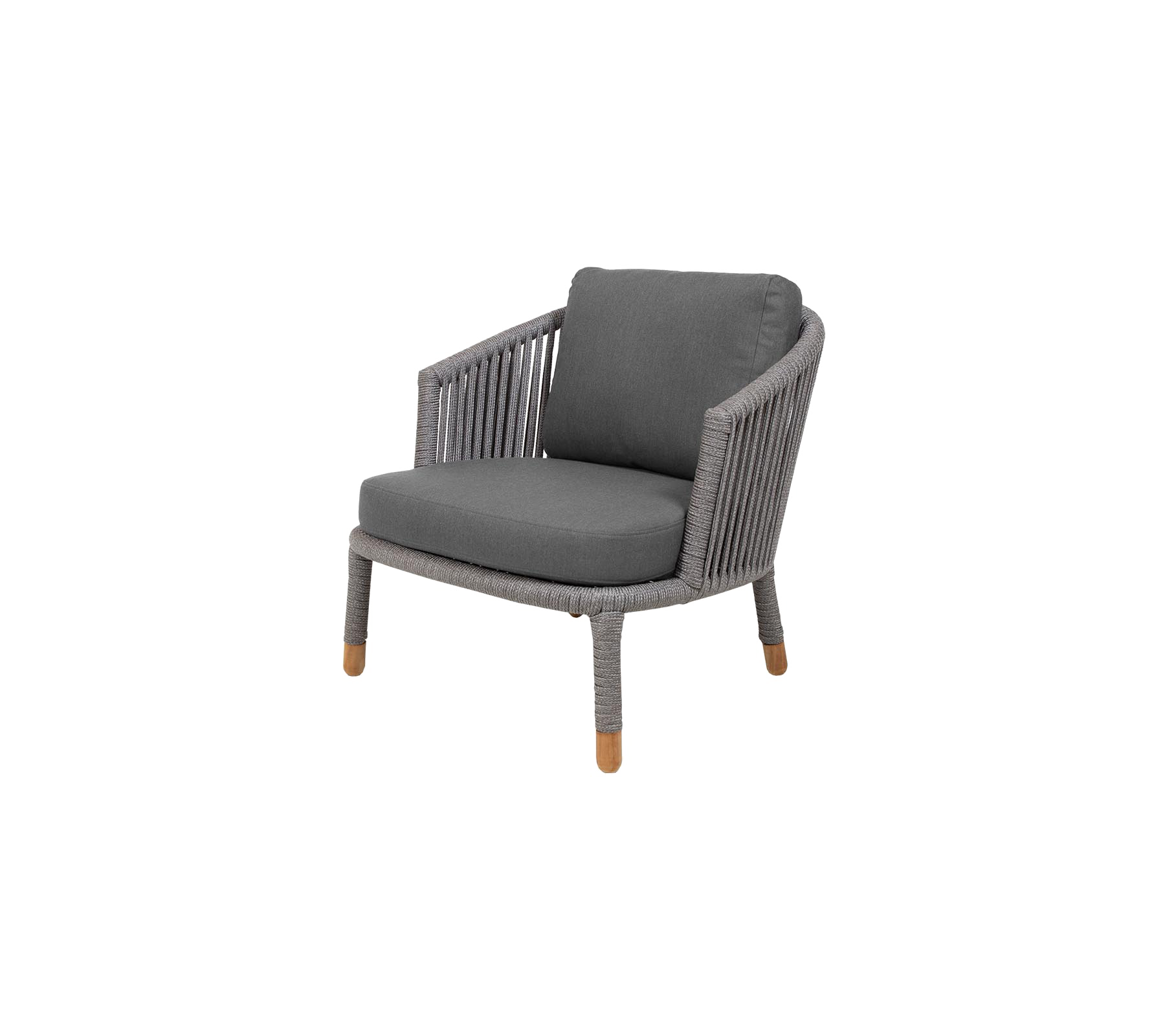 Stylish armchair with a woven design and soft gray cushion, featuring wooden legs for a modern touch.